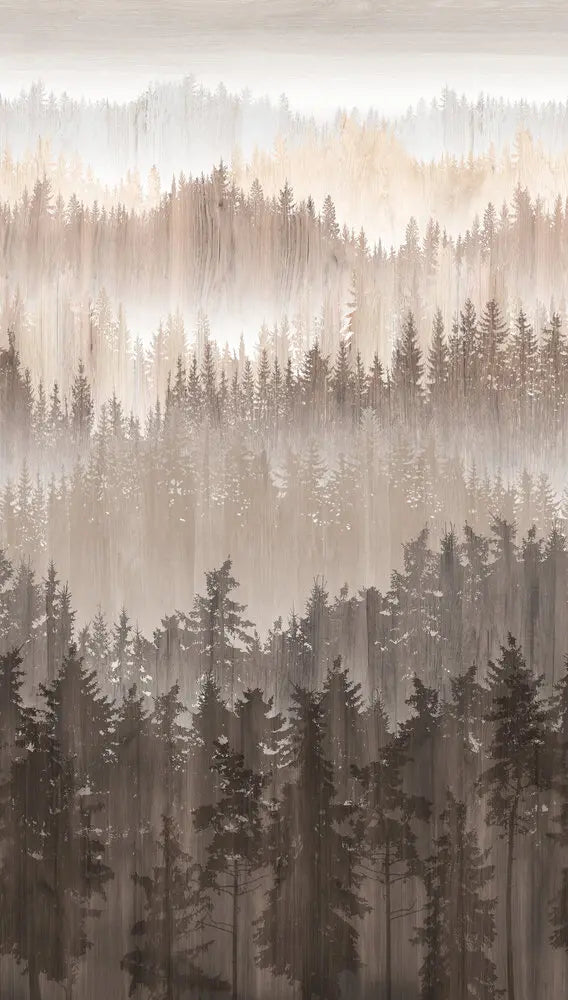 Billede af Layered Forest - Mist tapet, der viser en lagdelt skov omgivet af tåge i forskellige nuancer af brun og grå hos Nicetapet.dk.