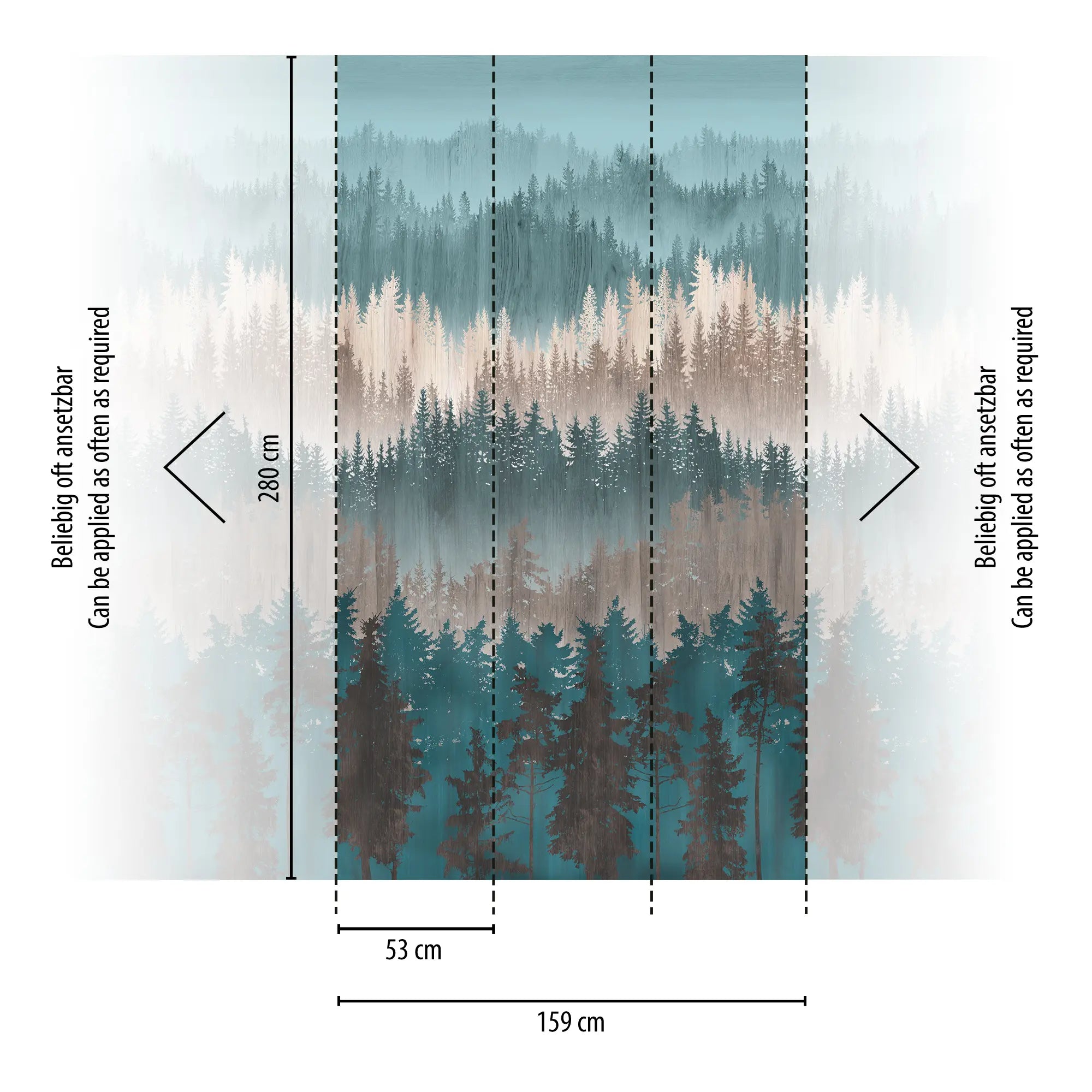 Illustration af 'Layered Forest - Tranquil' tapet fra Nicetapet.dk med mål og angivelse af panelers anvendelse.