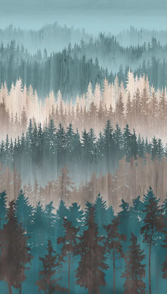 Tæt maleri af lagdelt skov i dæmpede blå og brune toner, 'Layered Forest - Tranquil' tapet fra Nicetapet.dk.