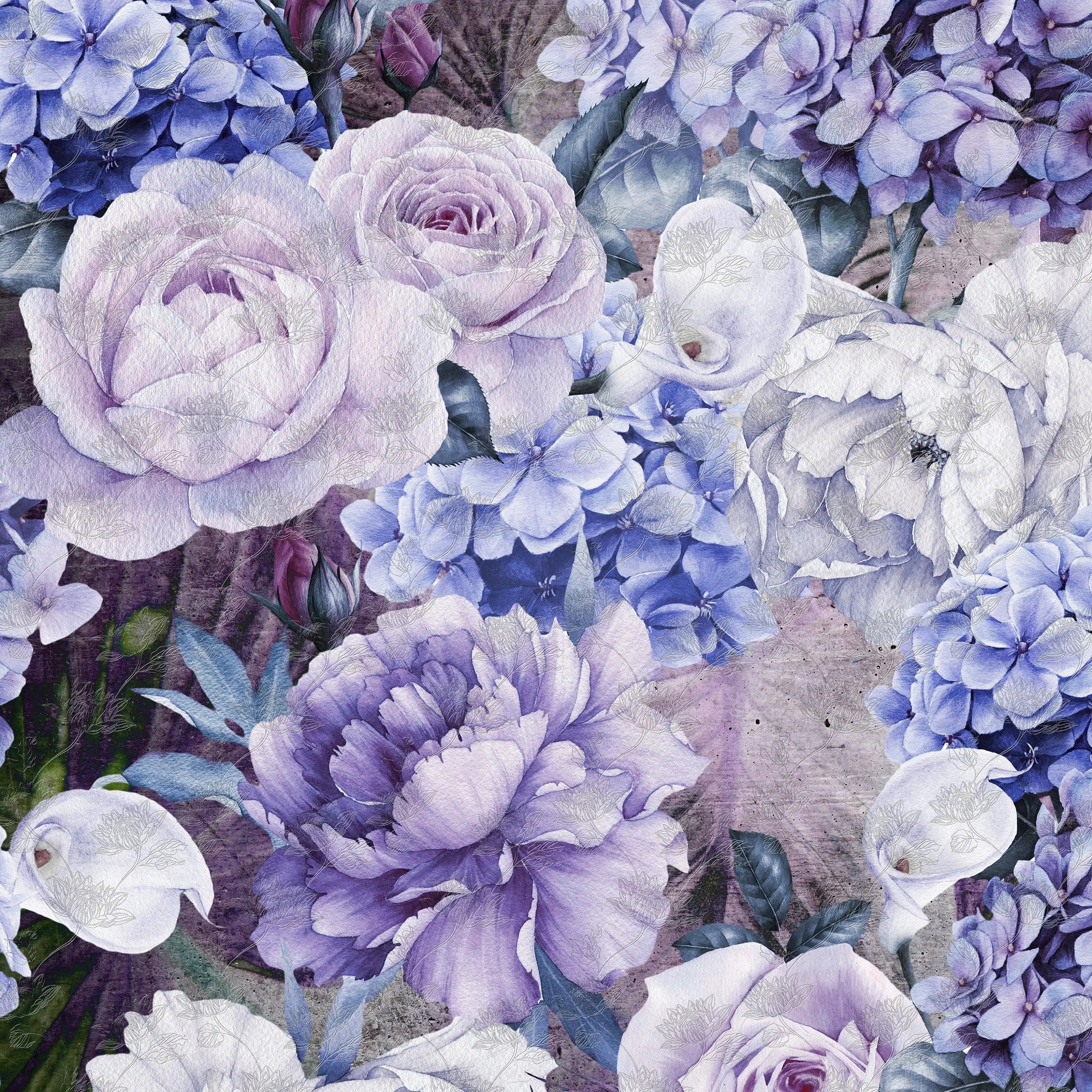 Billede 15 af Fototapet - Lilla og hvide blomster med hortensiaer og roser