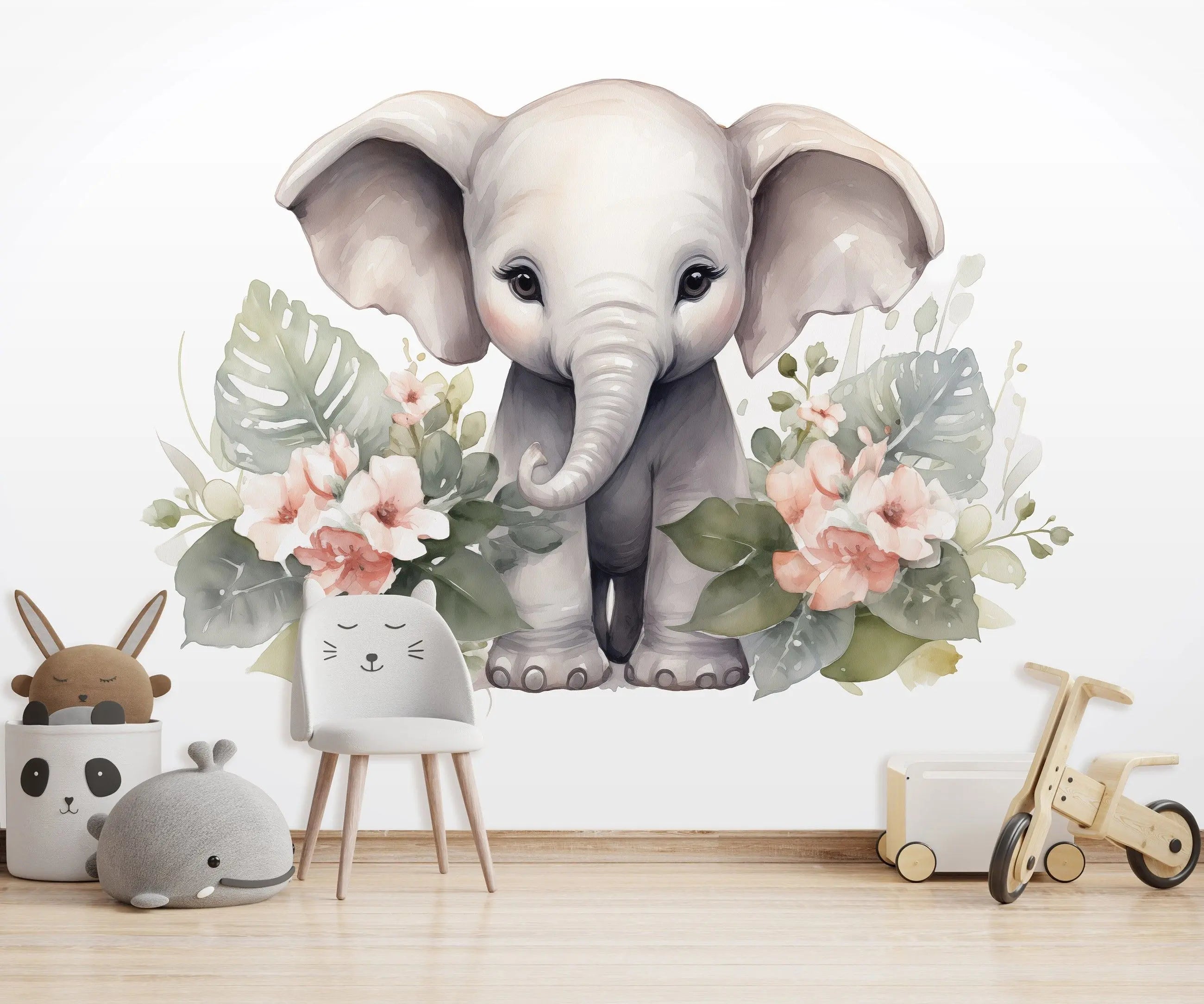 Billede 5 af Fototapet - Lille grå elefant med blomsterdekoration