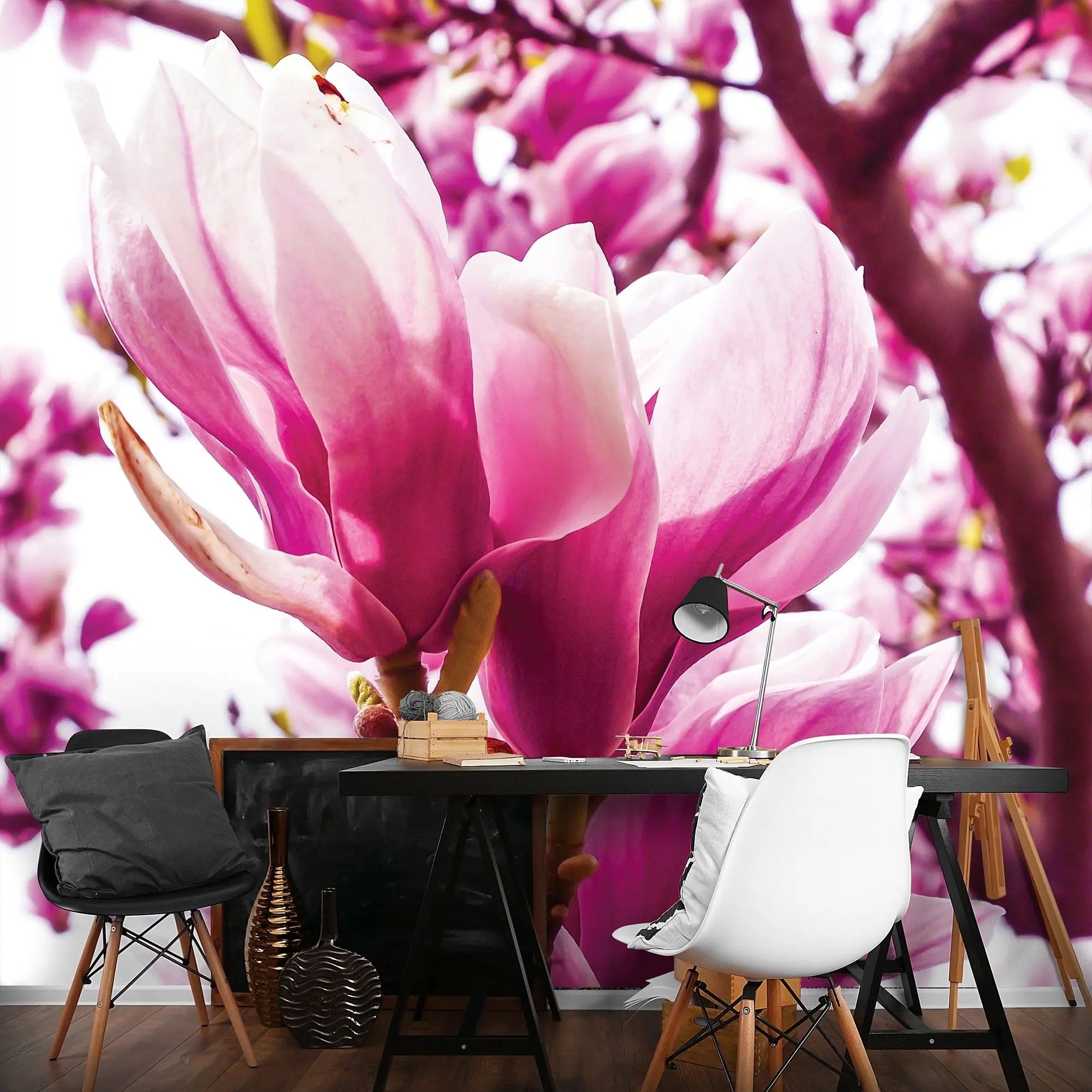 Billede 4 af Fototapet - Lyserøde magnoliablomster på grene