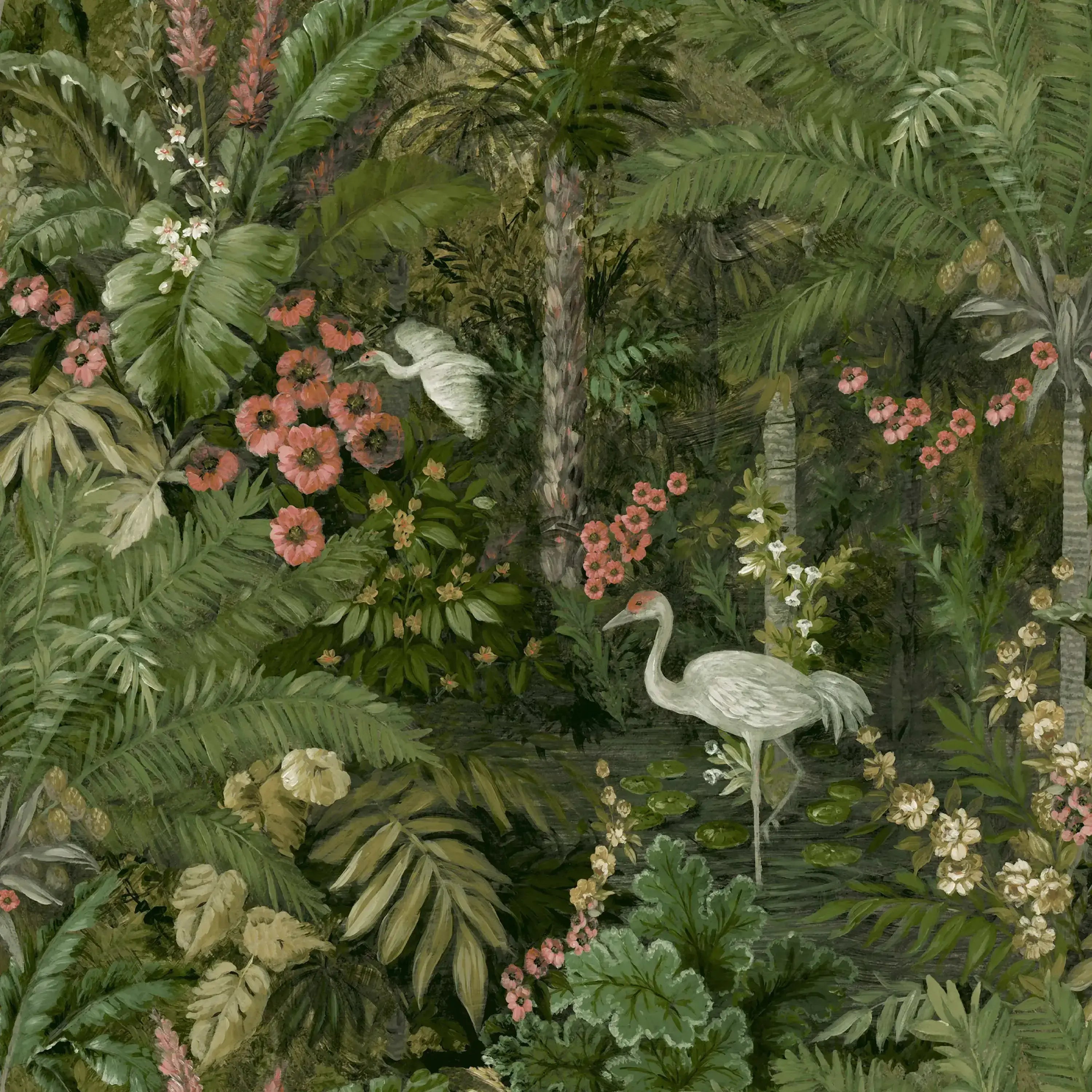 Detaljeret billede af Masoala - Green tapet med jungletema, herunder grønne planter og flamingoer.