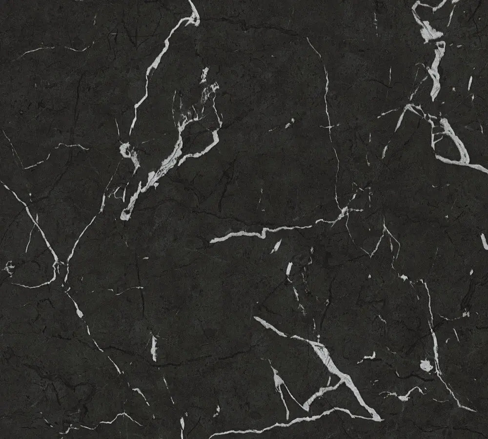 Detaljebillede af Metropolitan Marble - Noir tapet med sort marmor-effekt og hvide årer.