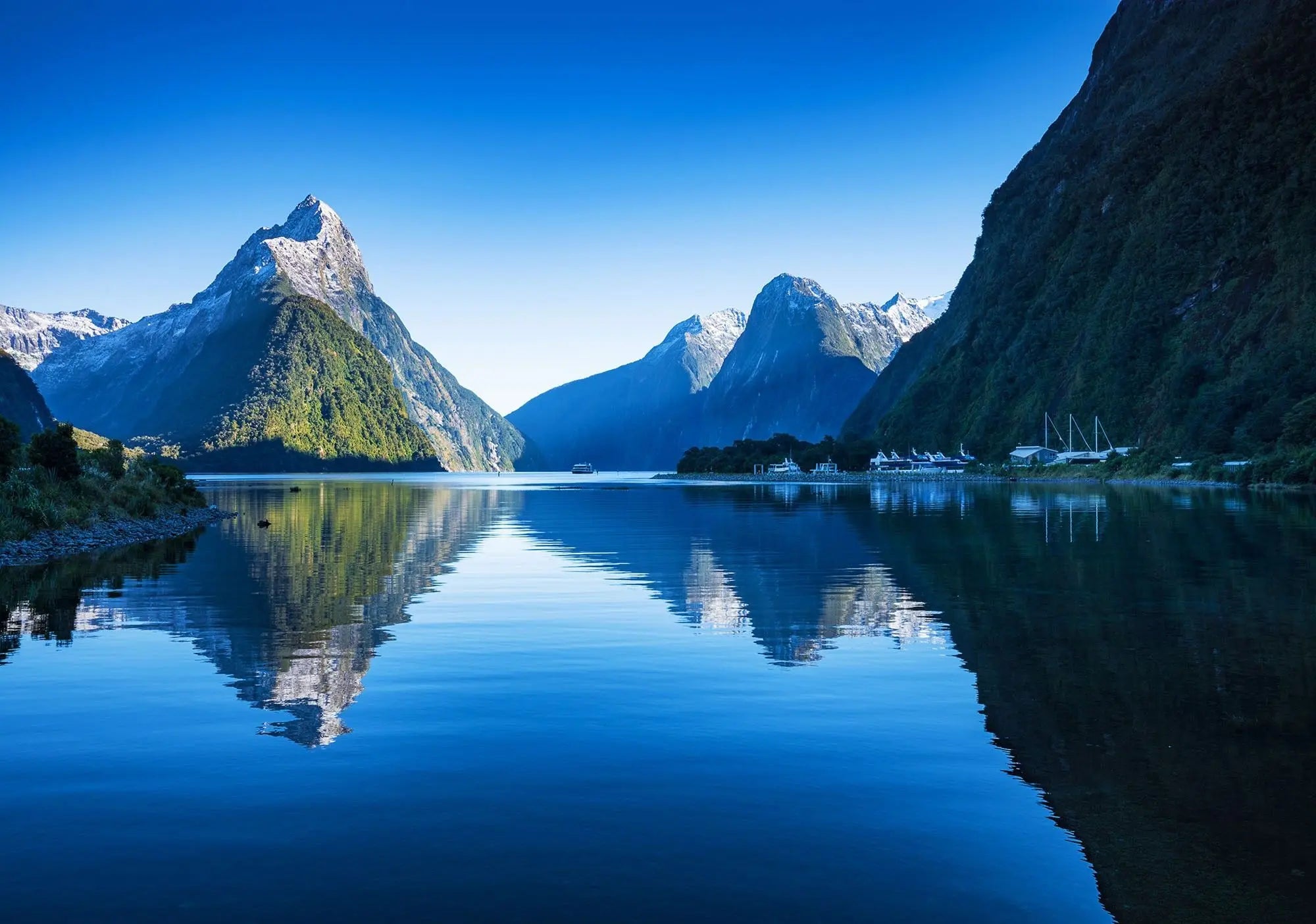 Billede 2 af Fototapet - Mitre Peak reflekteret i Milford Sound, New Zealand