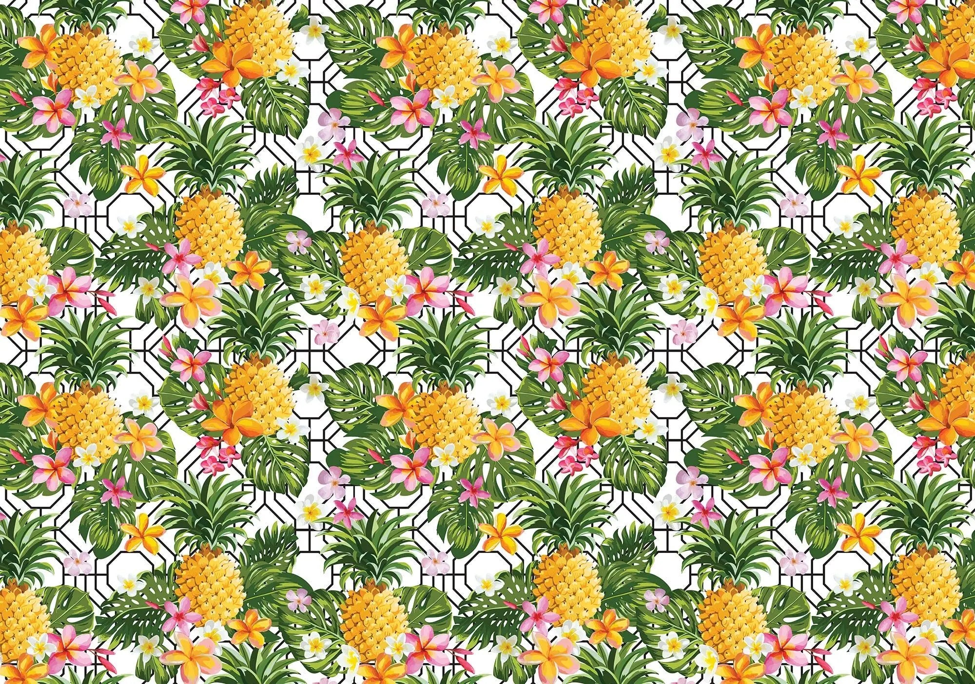 Billede 1 af Fototapet - Mønster med ananas og tropiske blomster