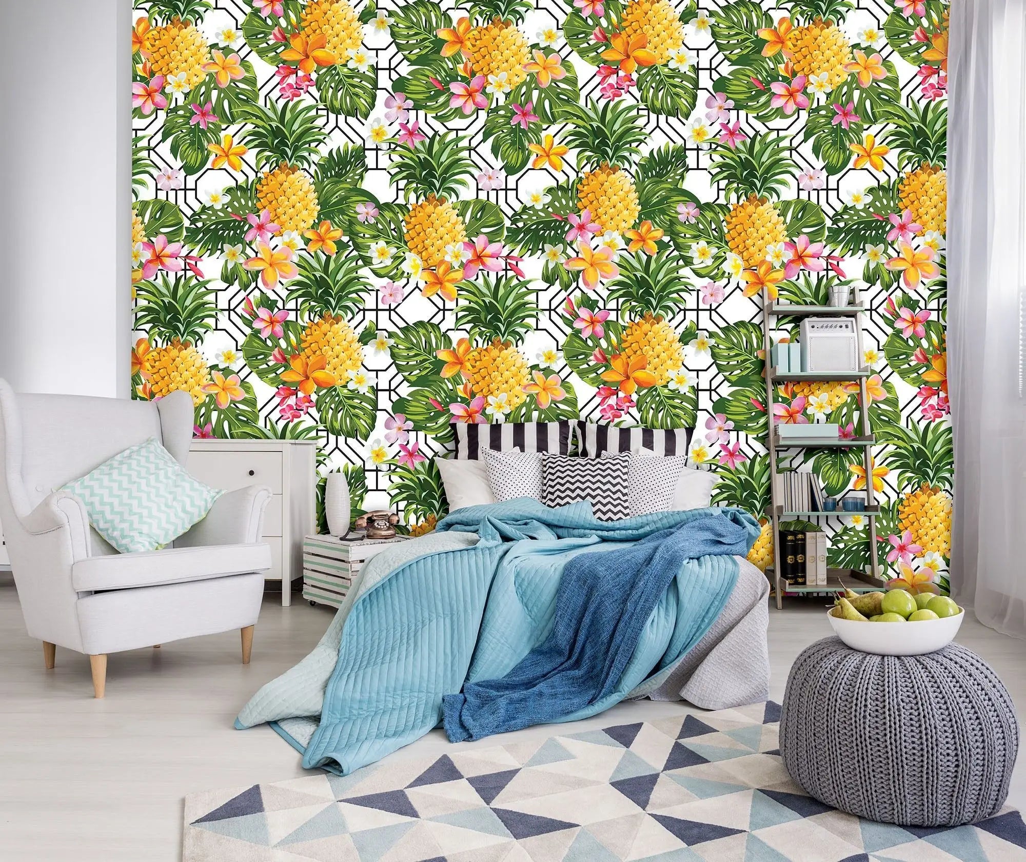 Billede 3 af Fototapet - Mønster med ananas og tropiske blomster