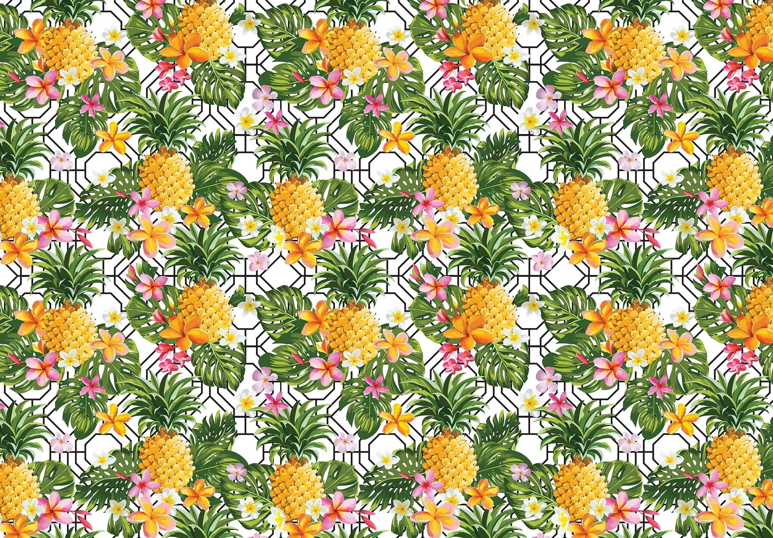 Billede 5 af Fototapet - Mønster med ananas og tropiske blomster