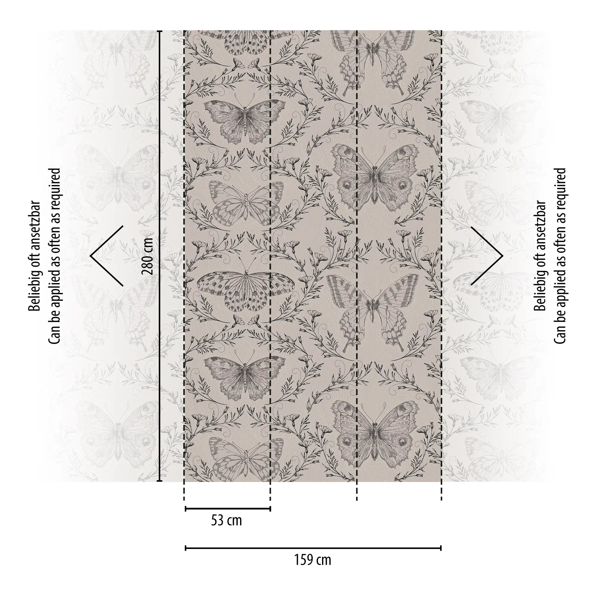 Diagram af Monarchs' Haven tapet, der viser dimensionerne 280 cm i højde og 159 cm i bredde, med markeringer for gentagelse af mønstret. Tilgængeligt hos Nicetapet.dk.