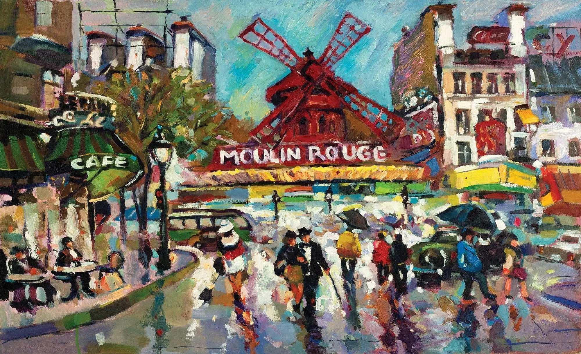 Billede 1 af Fototapet - Moulin Rouge i Paris med regnvåd gade og mennesker