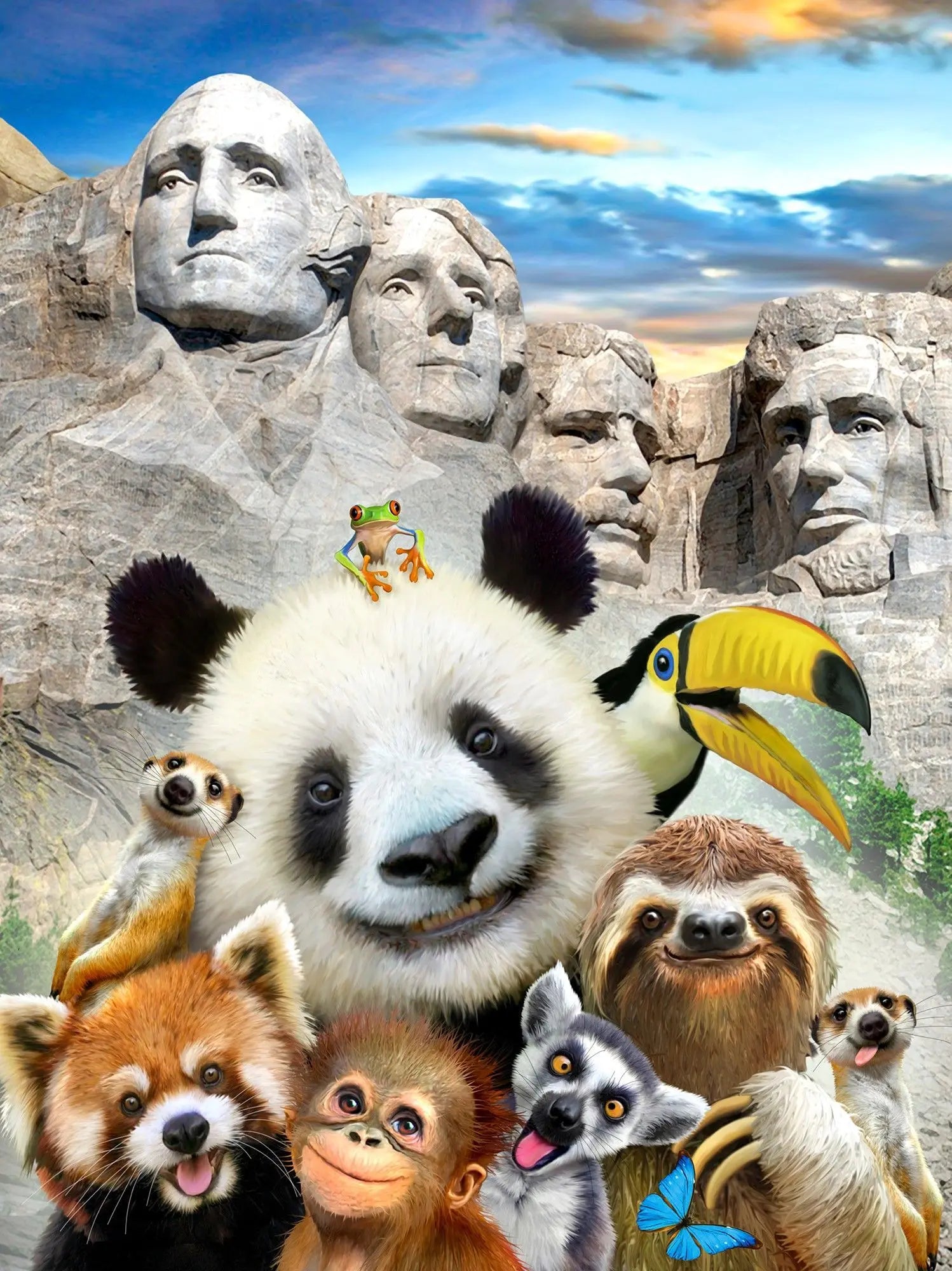 Billede 1 af Fototapet - Mount Rushmore med panda og flere dyr