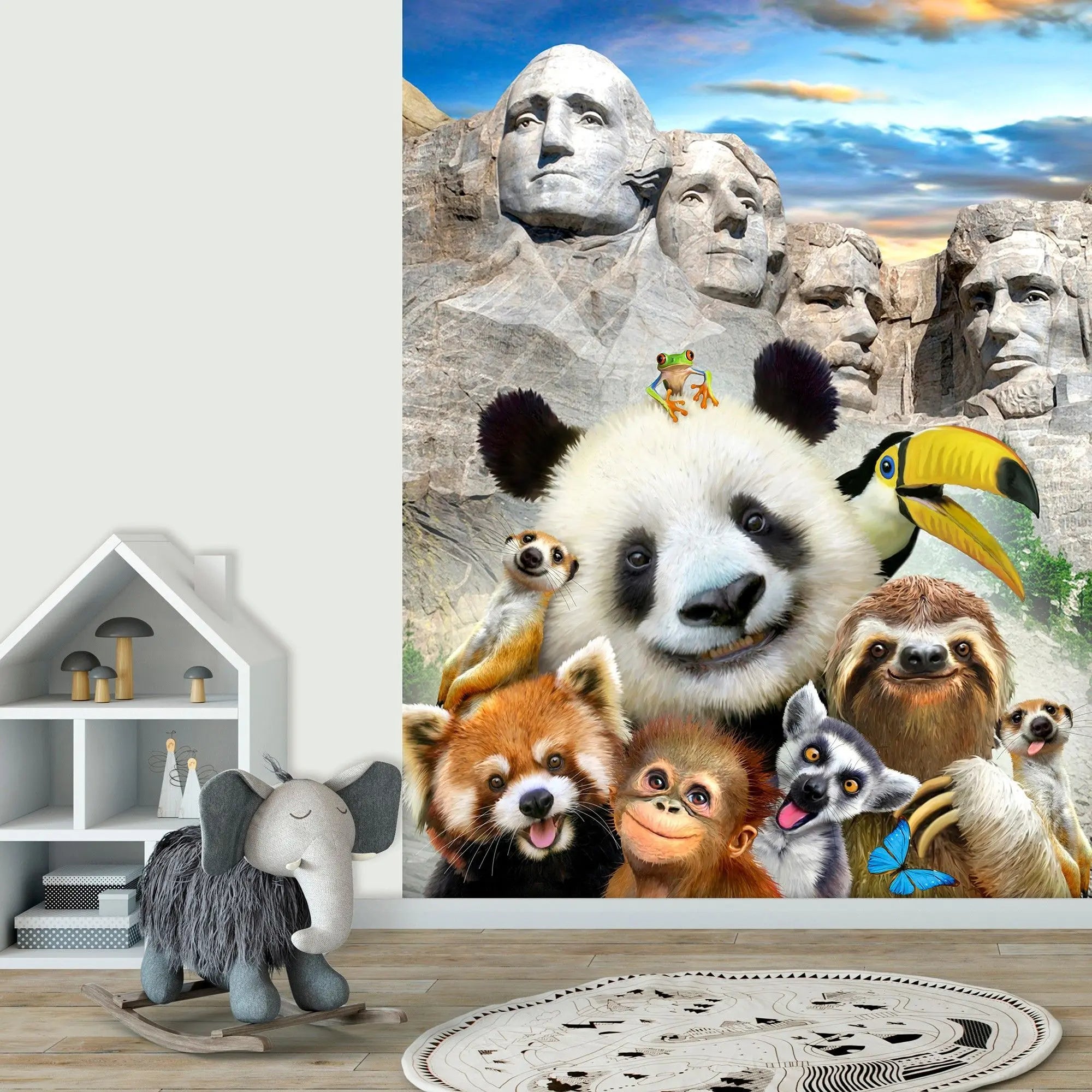 Billede 3 af Fototapet - Mount Rushmore med panda og flere dyr