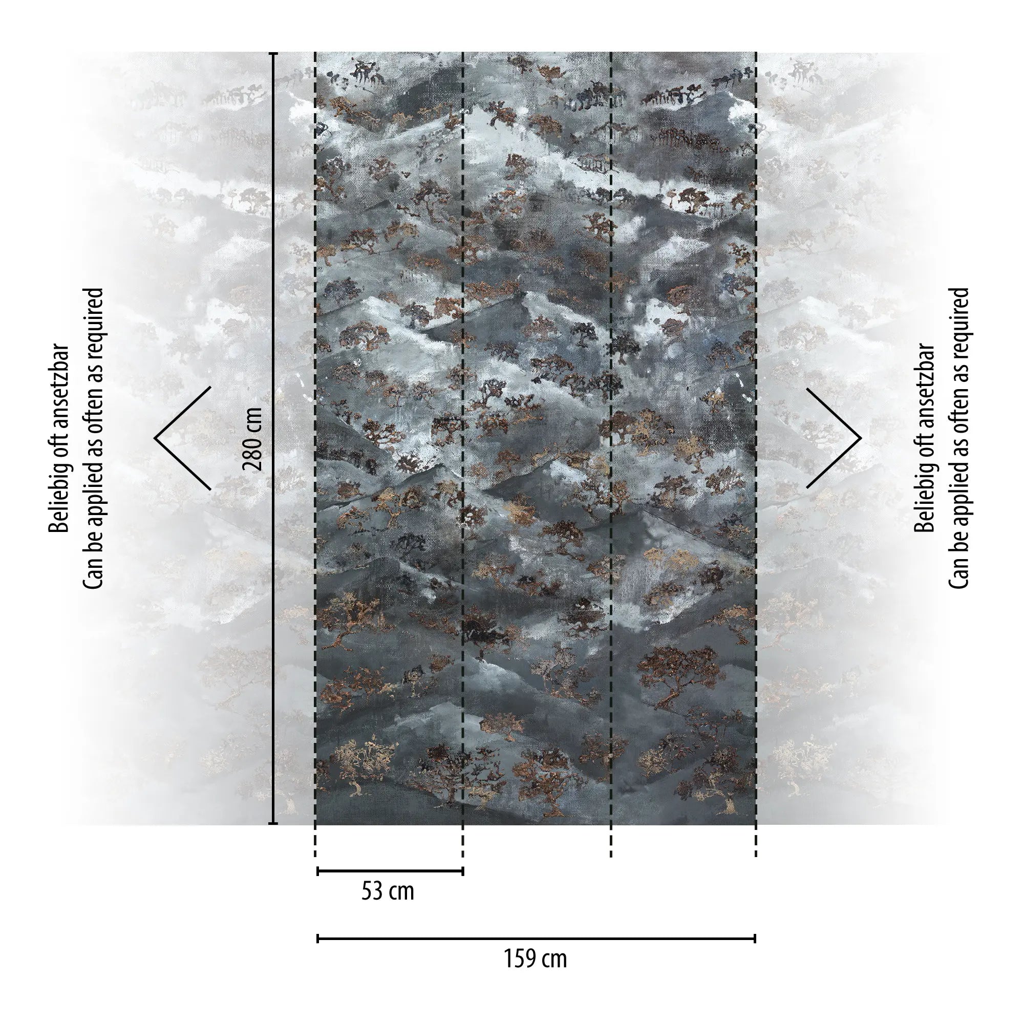 Mystic Canopy tapet med mål angivet, viser hvorledes det kan tilpasses til vægge med angivne dimensioner.