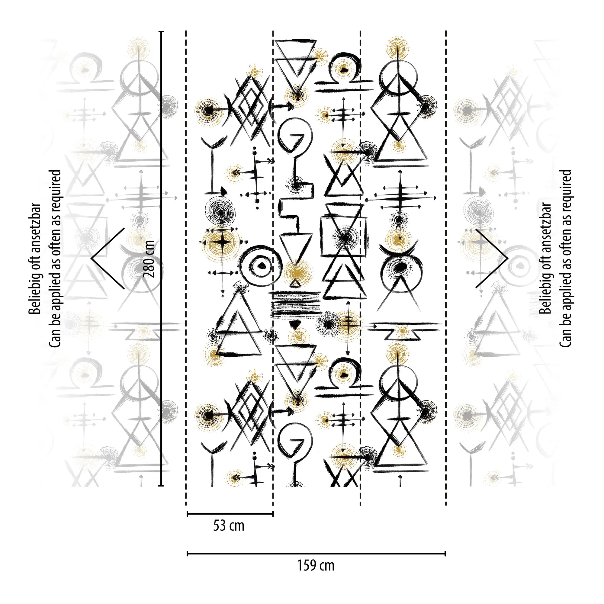 Mystical Symbols tapet med dimensioner og mønsterrepetition, viser påførsel i forskellige paneler til præcis væginstallation.