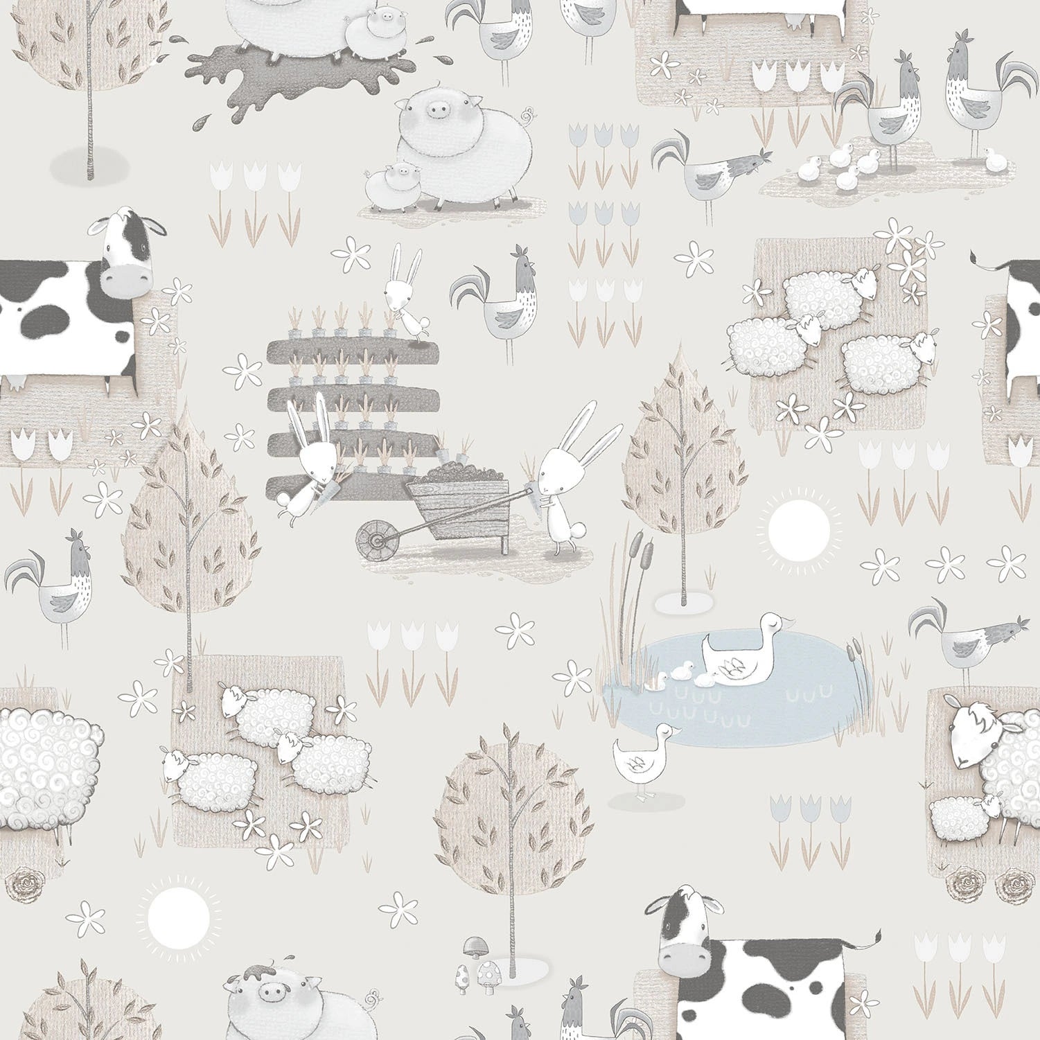 Detalje af tapet Farmyard Friends - Soft Gray med illustrationer af køer, grise, kaniner, får, og blomster i neutrale farver.