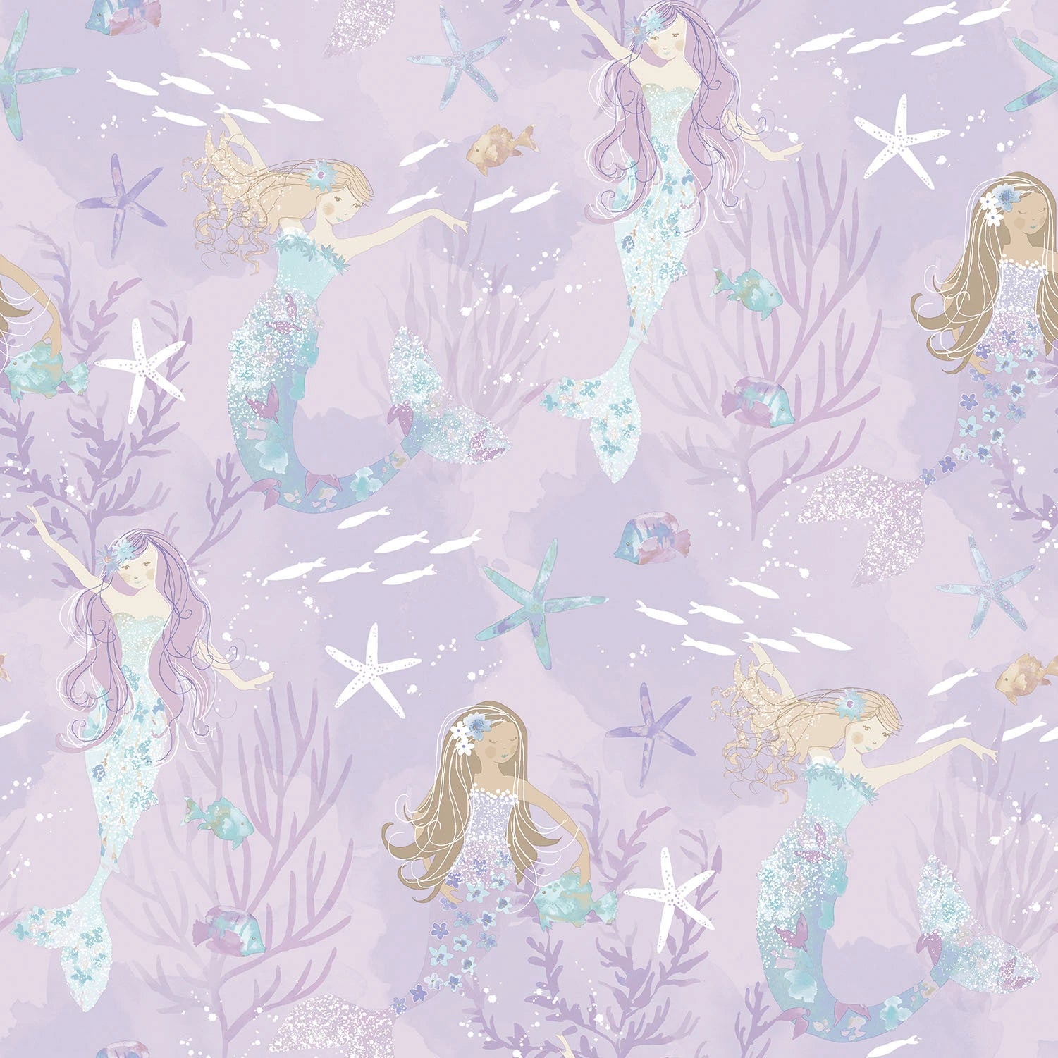 Detaljeret nærbillede af Mermaid Mysteries - Lavender Dream tapet fra Nicetapet.dk, der viser havfruer, søstjerner og koralmønstre i lavendel og pastel.