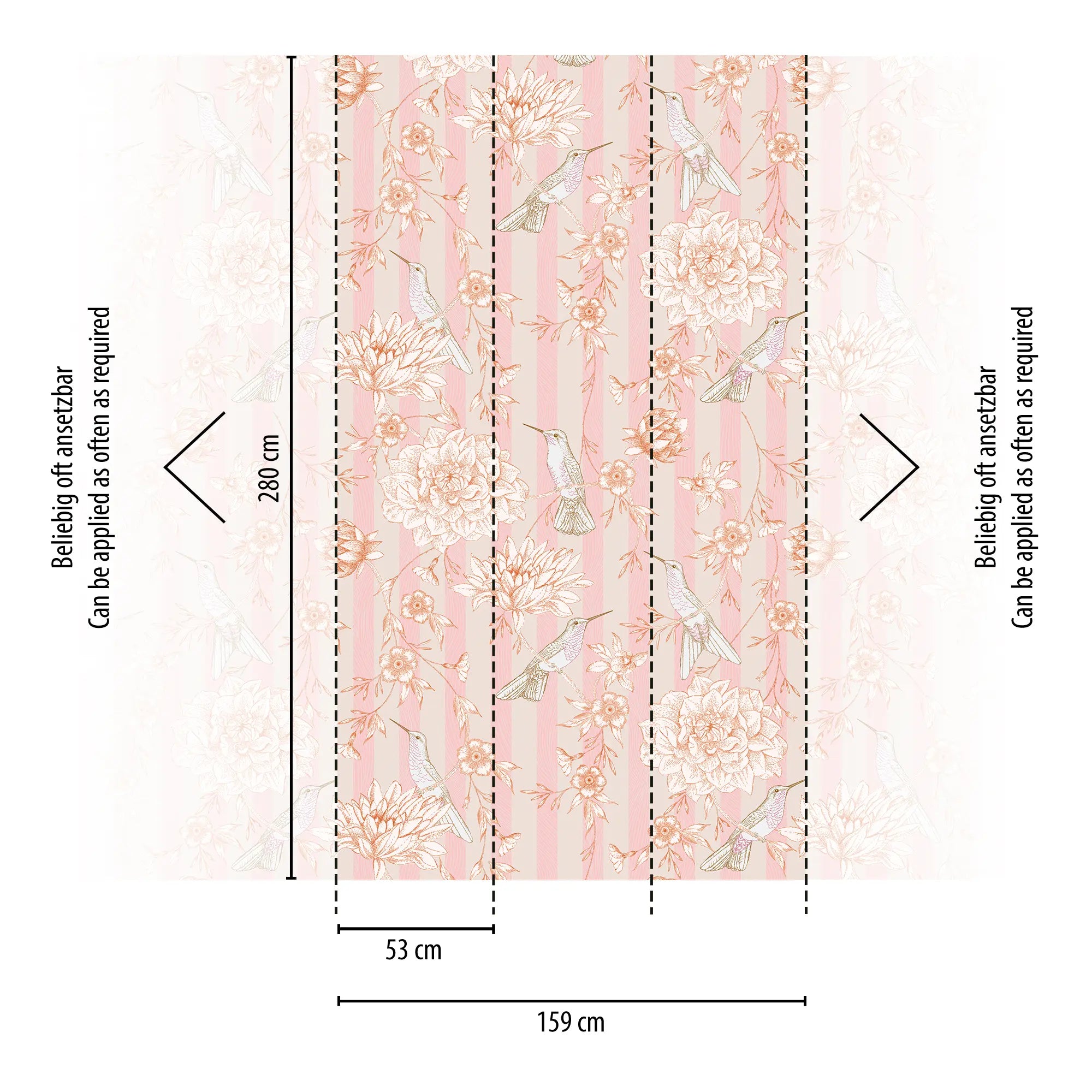 Ornate Flights tapet design specifikationer viser størrelse og mønstergentagelse med fugle og blomster i rosa nuancer.