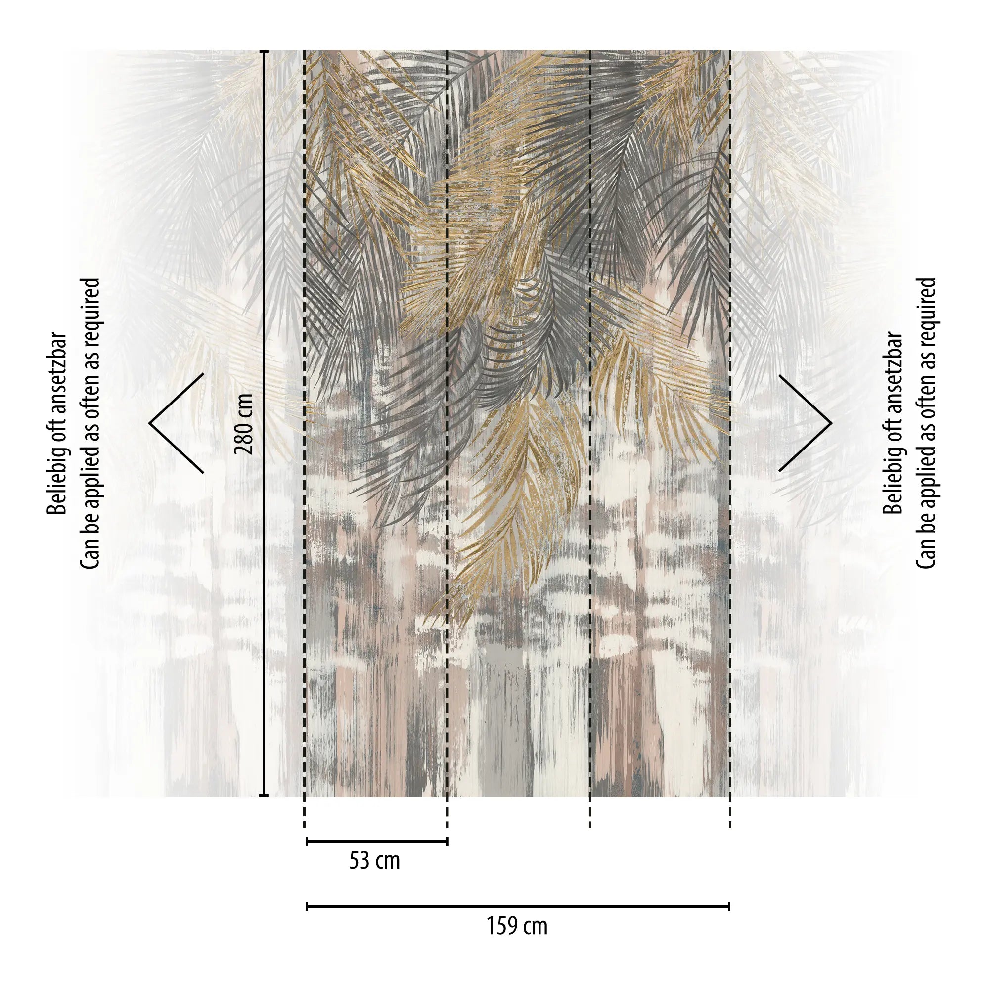 Diagram der viser dimensioner og anvendelsesmuligheder for Palm Breeze tapet med abstrakte palmeblade.