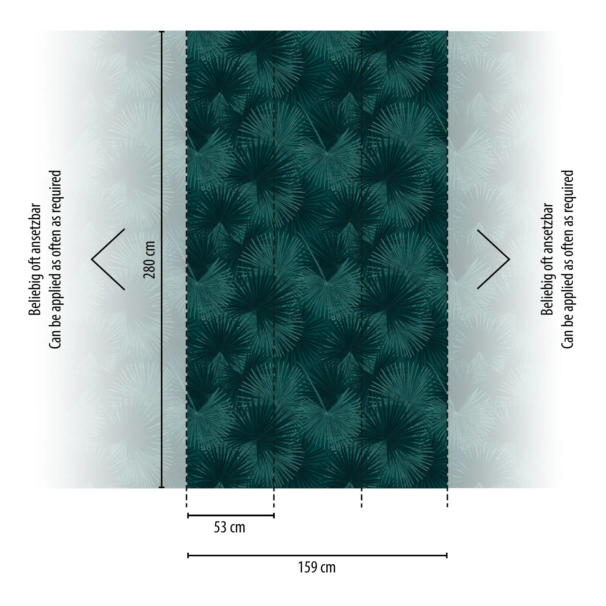 Diagram over tapet 'Palm Shadows - Emerald' med angivne dimensioner i centimeter: 280 cm højde og 53 cm bredde.