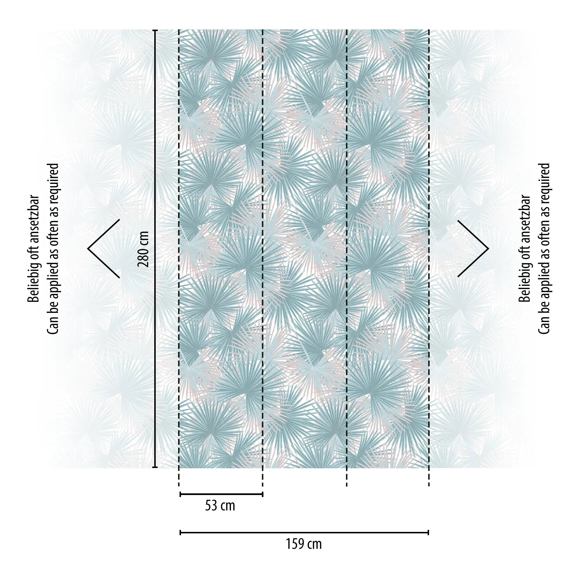 Størrelsesguide for Palm Shadows - Mist tapet, viser dimensioner og layout af tapetpaneler med palmebladsmønster.