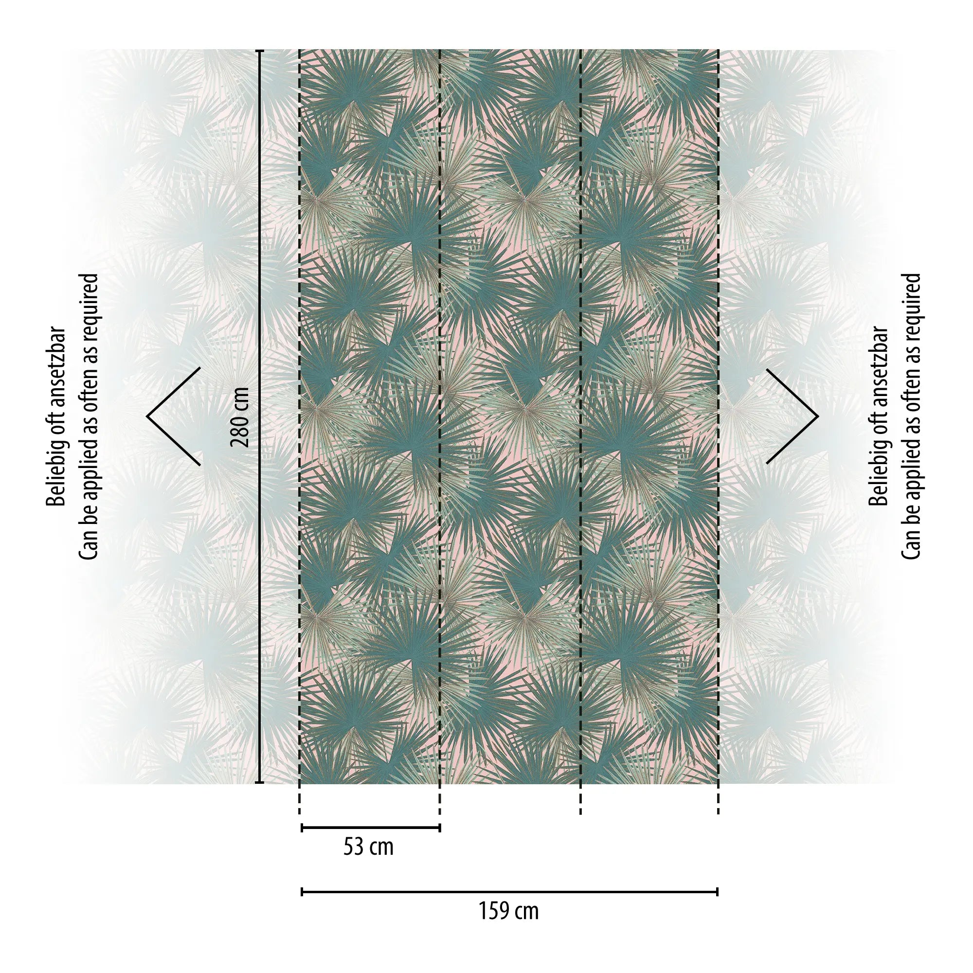 Diagrammet viser målene på Palm Shadows - Ocean tapet med specifikationer, inklusiv bredde og højde pr. baner. Produktnavn: Palm Shadows - Ocean.