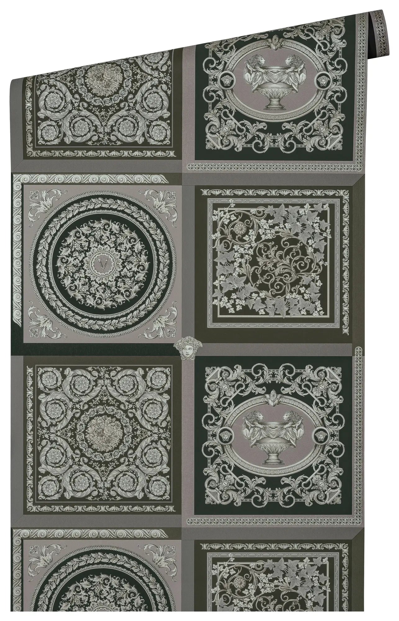 Oversigt over Versace Barocco Mosaic - Dark Gray tapet, der viser hele panelet med forskellige dekorative mønstre og teksturer.