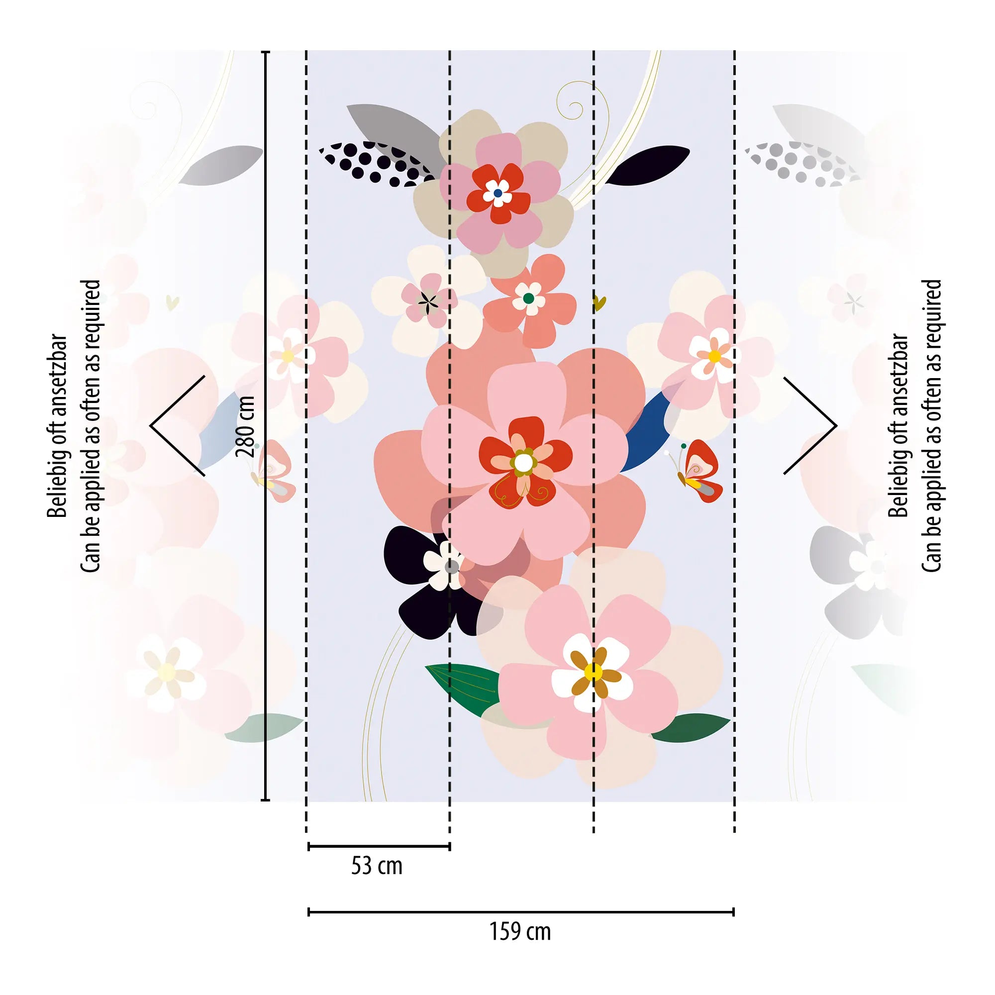 Illustration af Pastel Petals tapet mål, med blomsterdesign i pastelfarver, detaljeret med mål og sektionsanvisninger fra Nicetapet.dk.