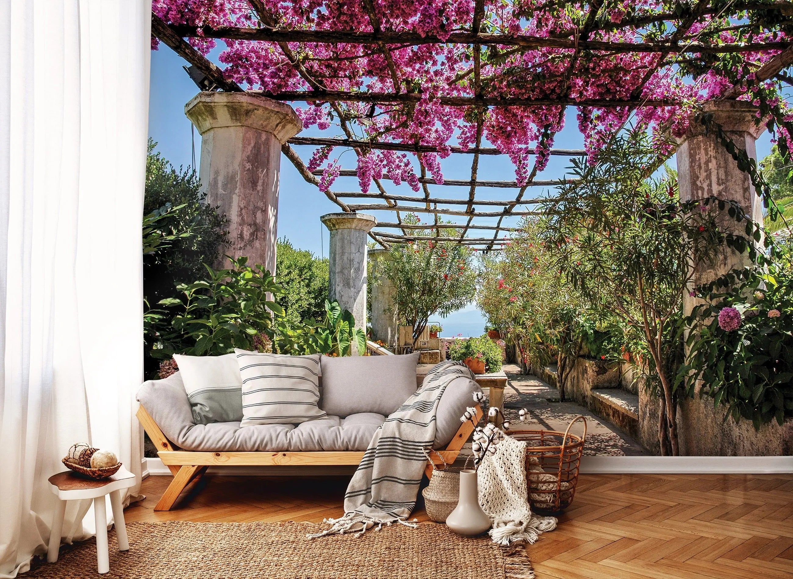 Billede 4 af Fototapet - Pergola med pink blomster og marmor søjler