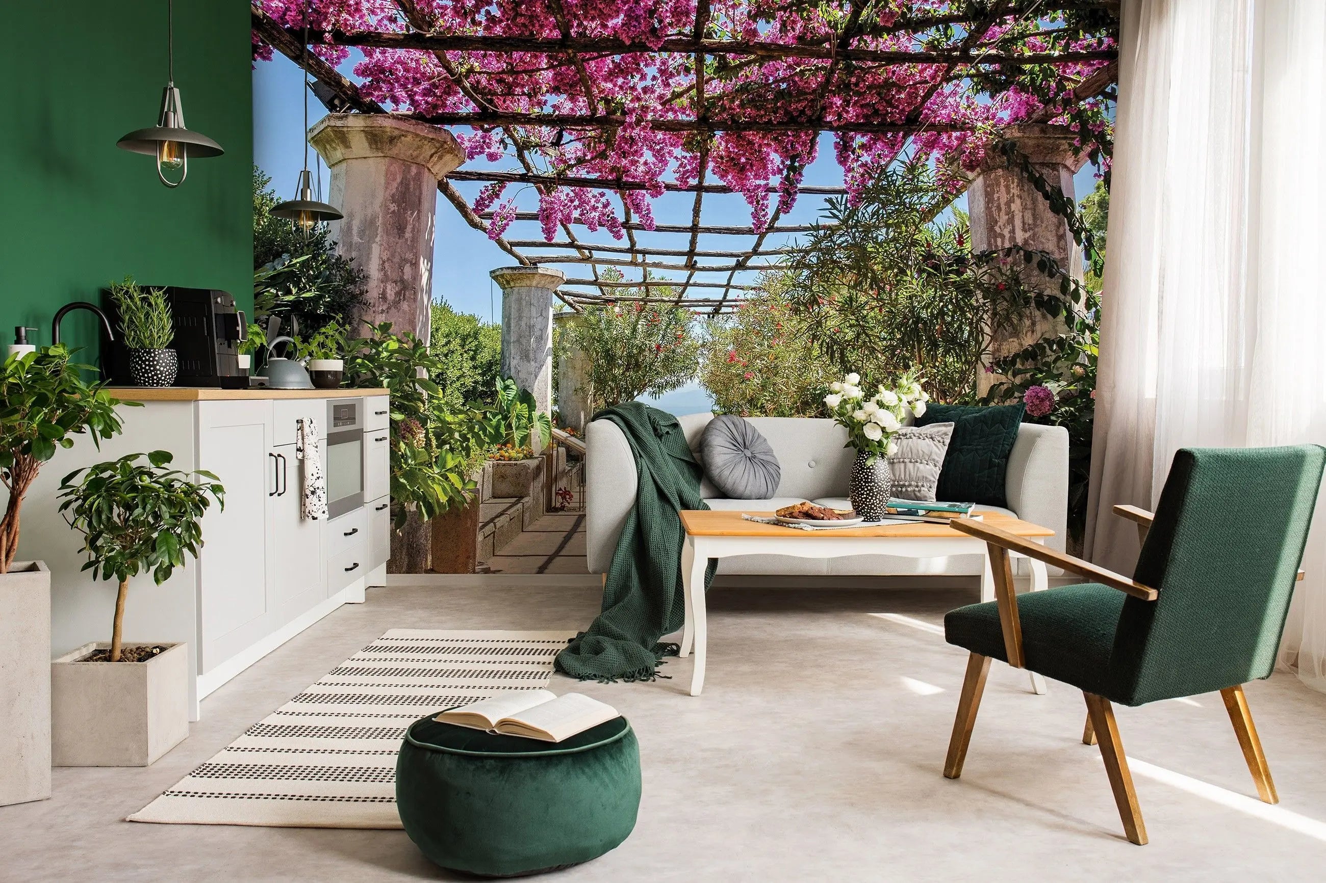 Billede 6 af Fototapet - Pergola med pink blomster og marmor søjler