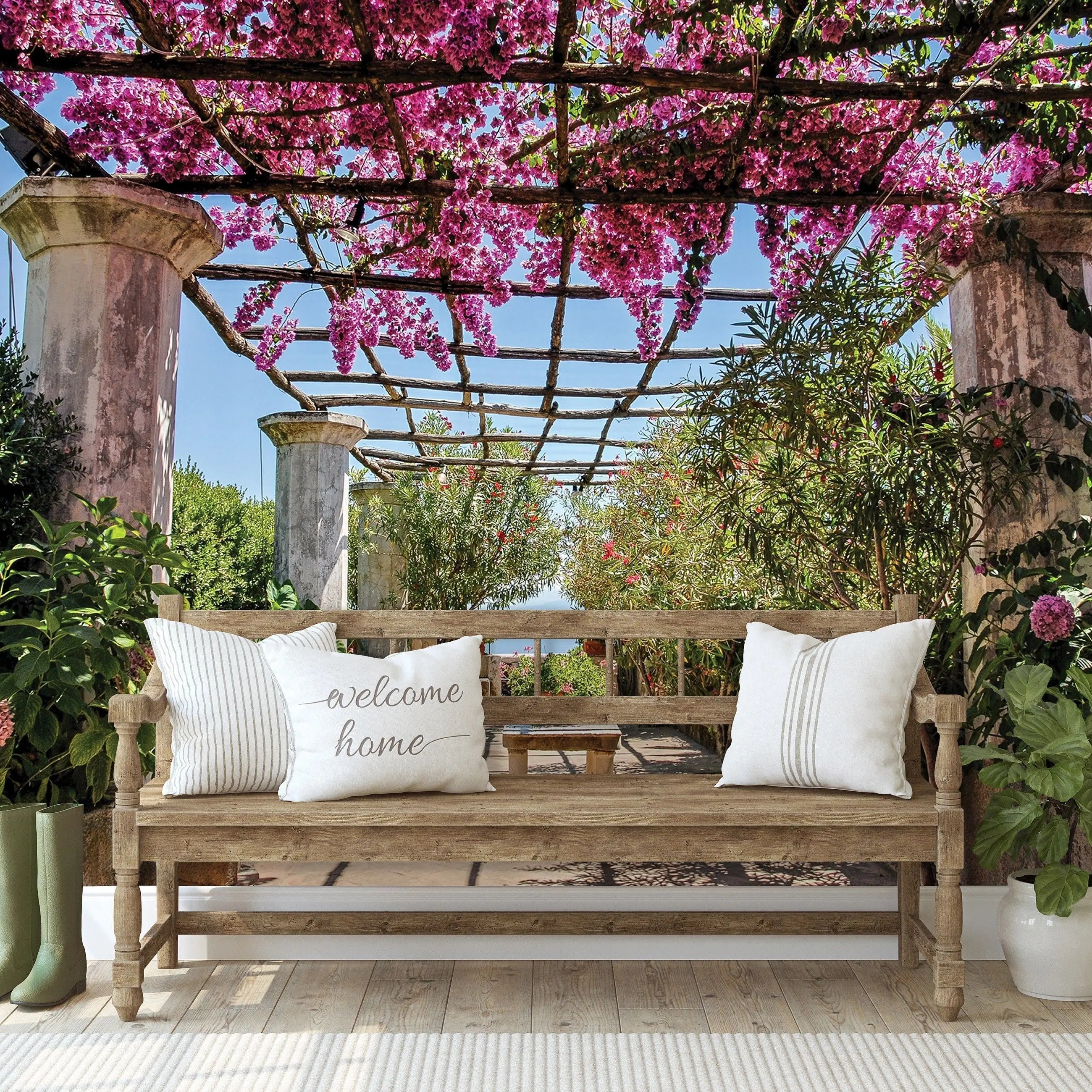 Billede 8 af Fototapet - Pergola med pink blomster og marmor søjler