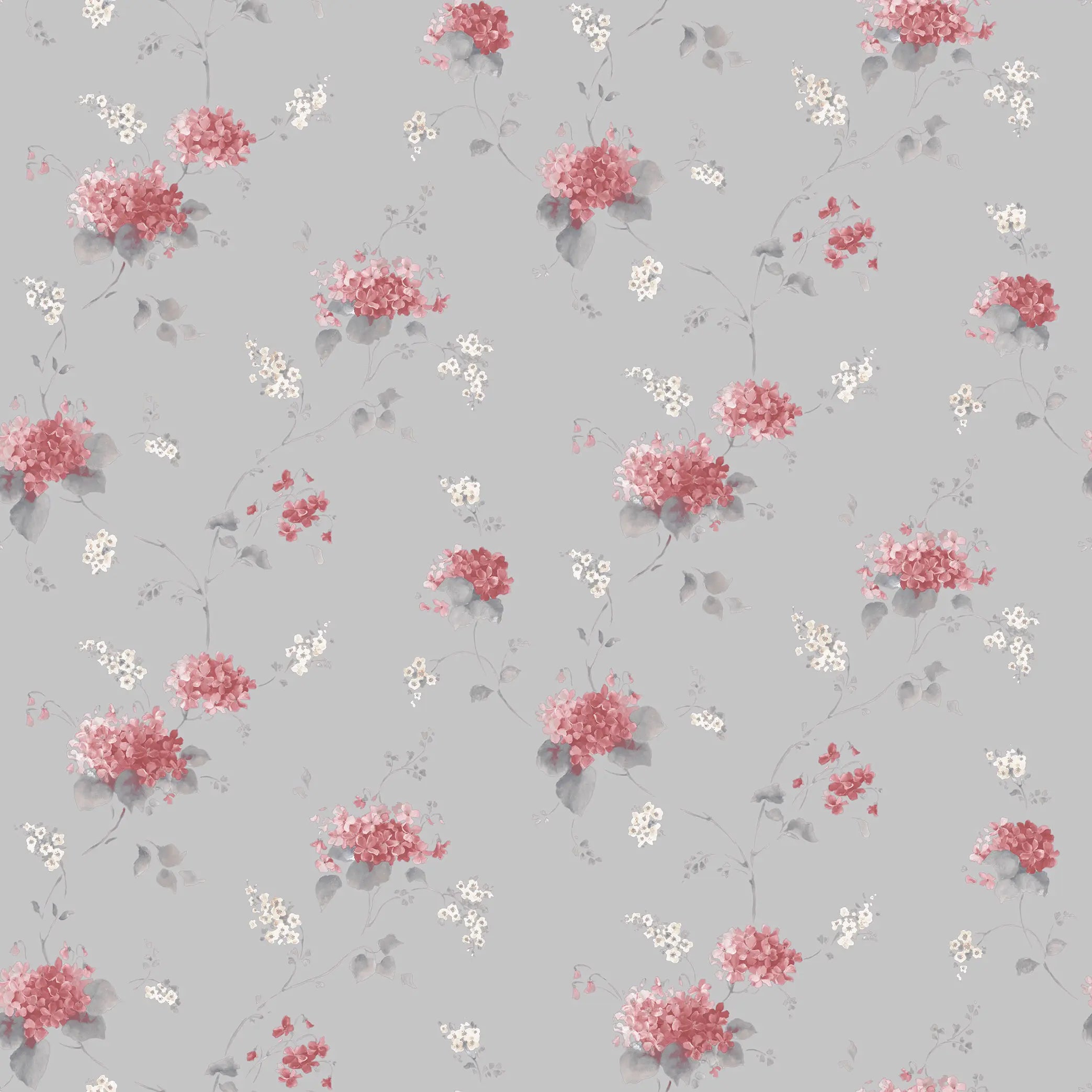 Tapet med Petal Elegance - Blush Gray mønster, viser rosa og hvide blomster på en grå baggrund.