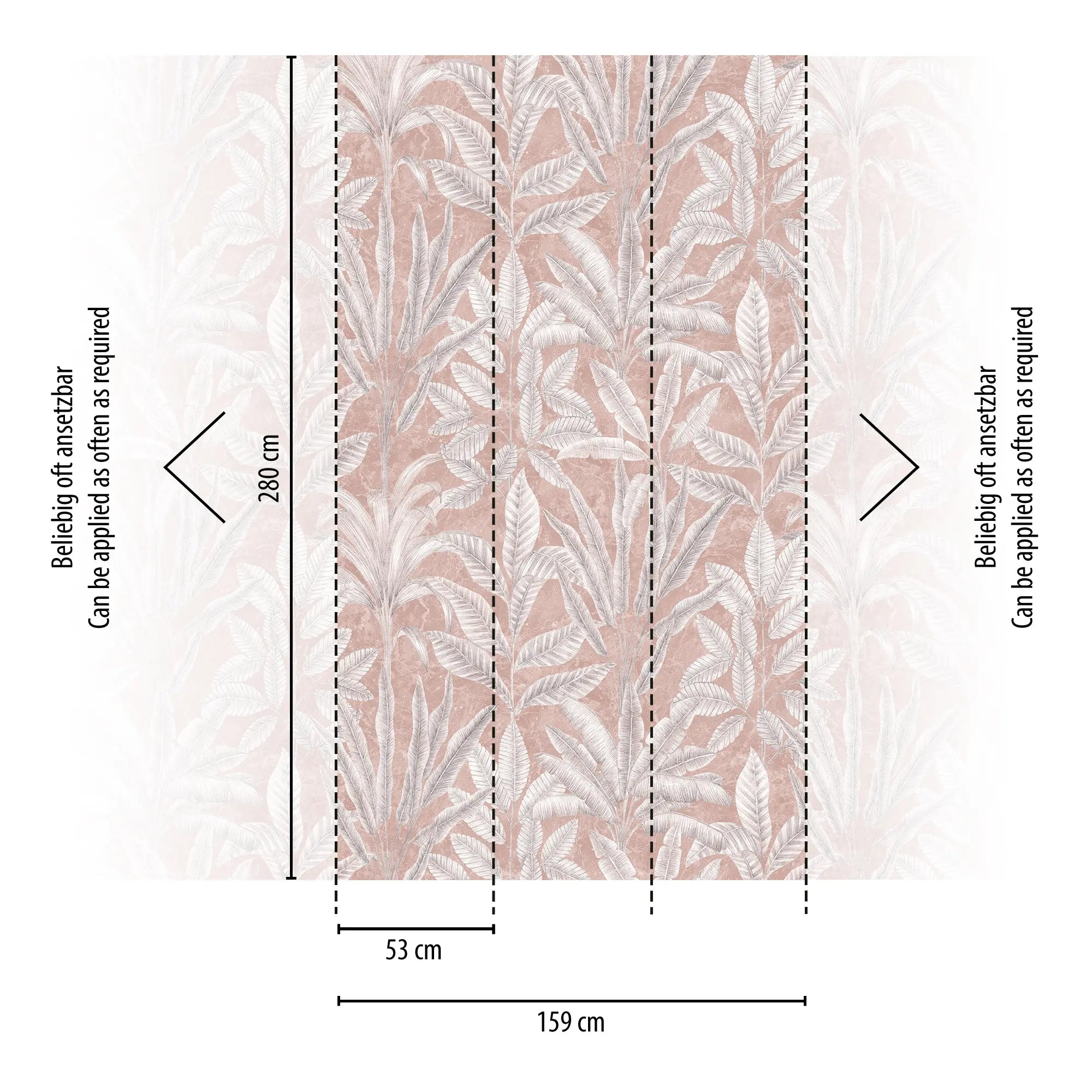 Petal Essence tapet med dimensioner angivet: 280 cm højde og 159 cm bredde, opdelt i sektioner.