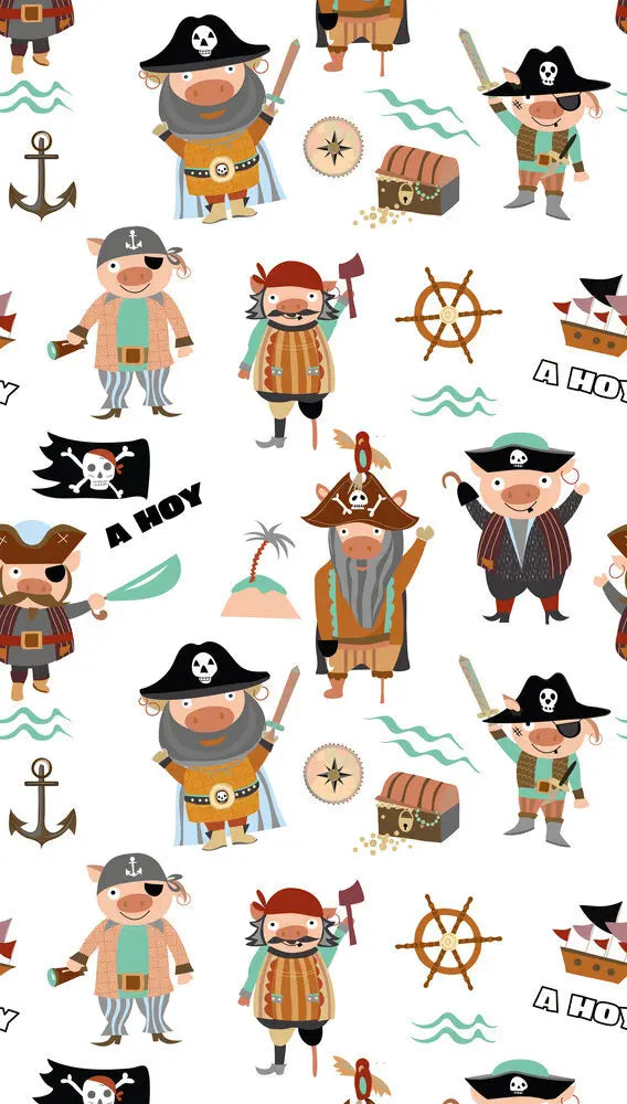 Tapetdesign Piggy Pirates med tegninger af sjove piratgrise, skattekister og maritime symboler.