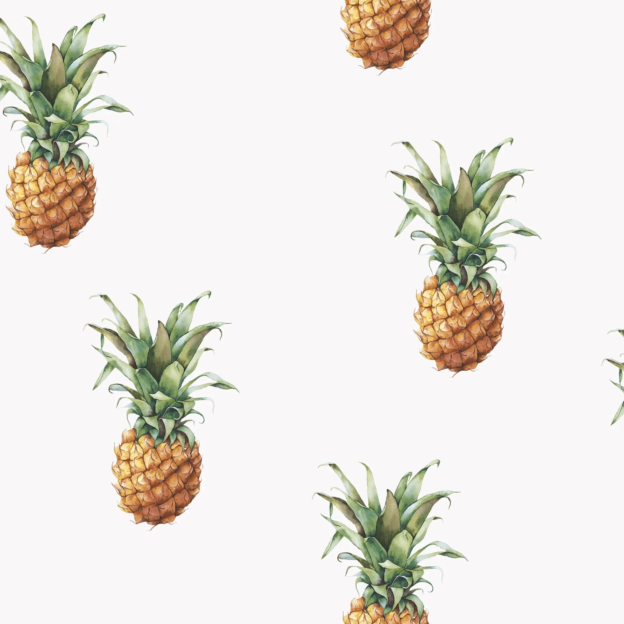 Nærbillede af Pineapple Feast - Breeze tapet med enkelstående ananasmotiver på hvid baggrund fra Nicetapet.dk.