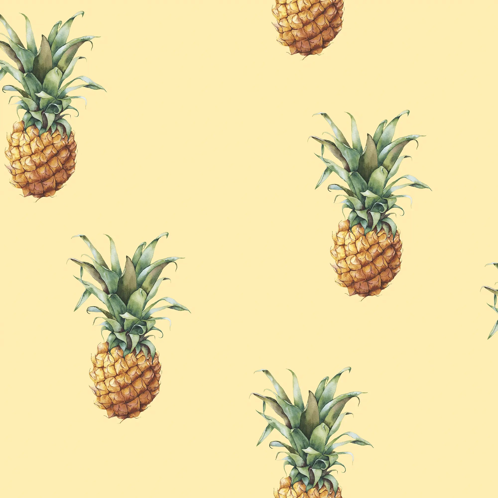 Tapet med et gentaget mønster af ananas på en lys gul baggrund. Produkt: Pineapple Feast - Sunshine.