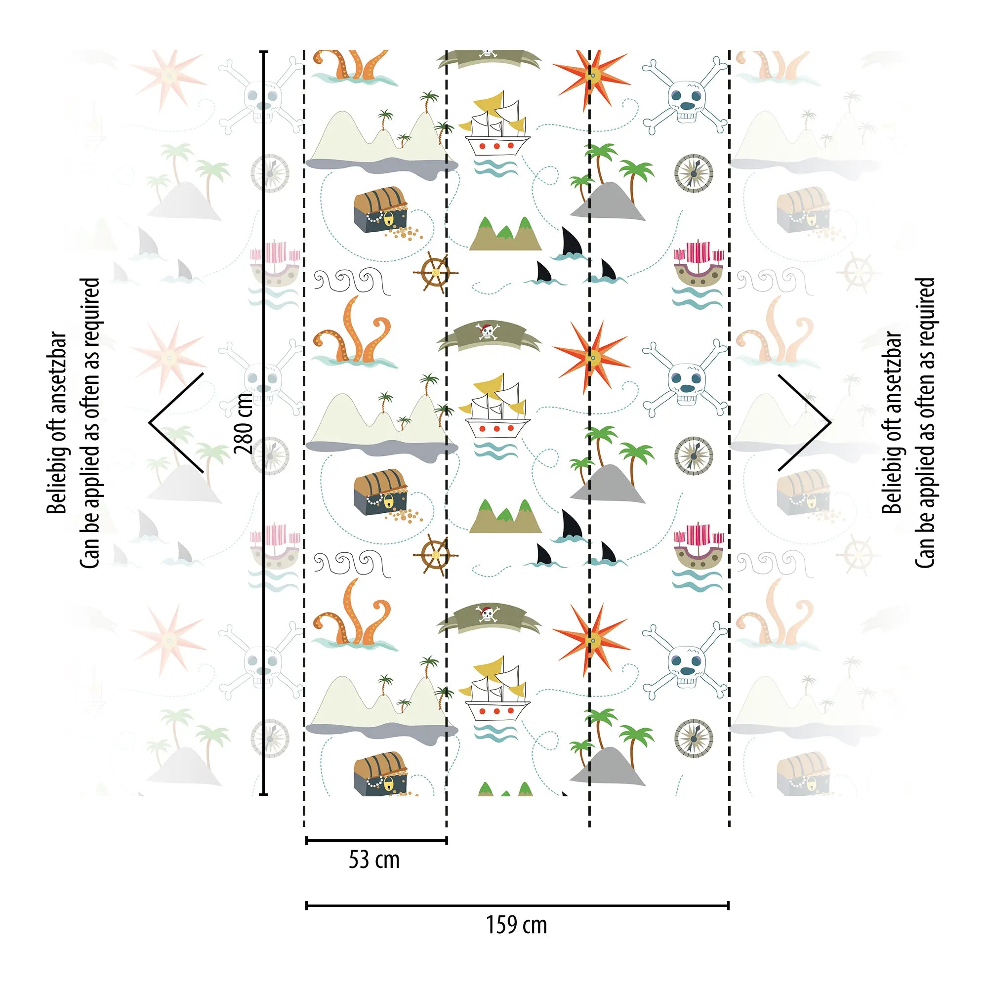Dimensioner og installationsvejledning for Nicetapet.dk's produkt Pirate Treasures med mønster af skibe og skatteøer.