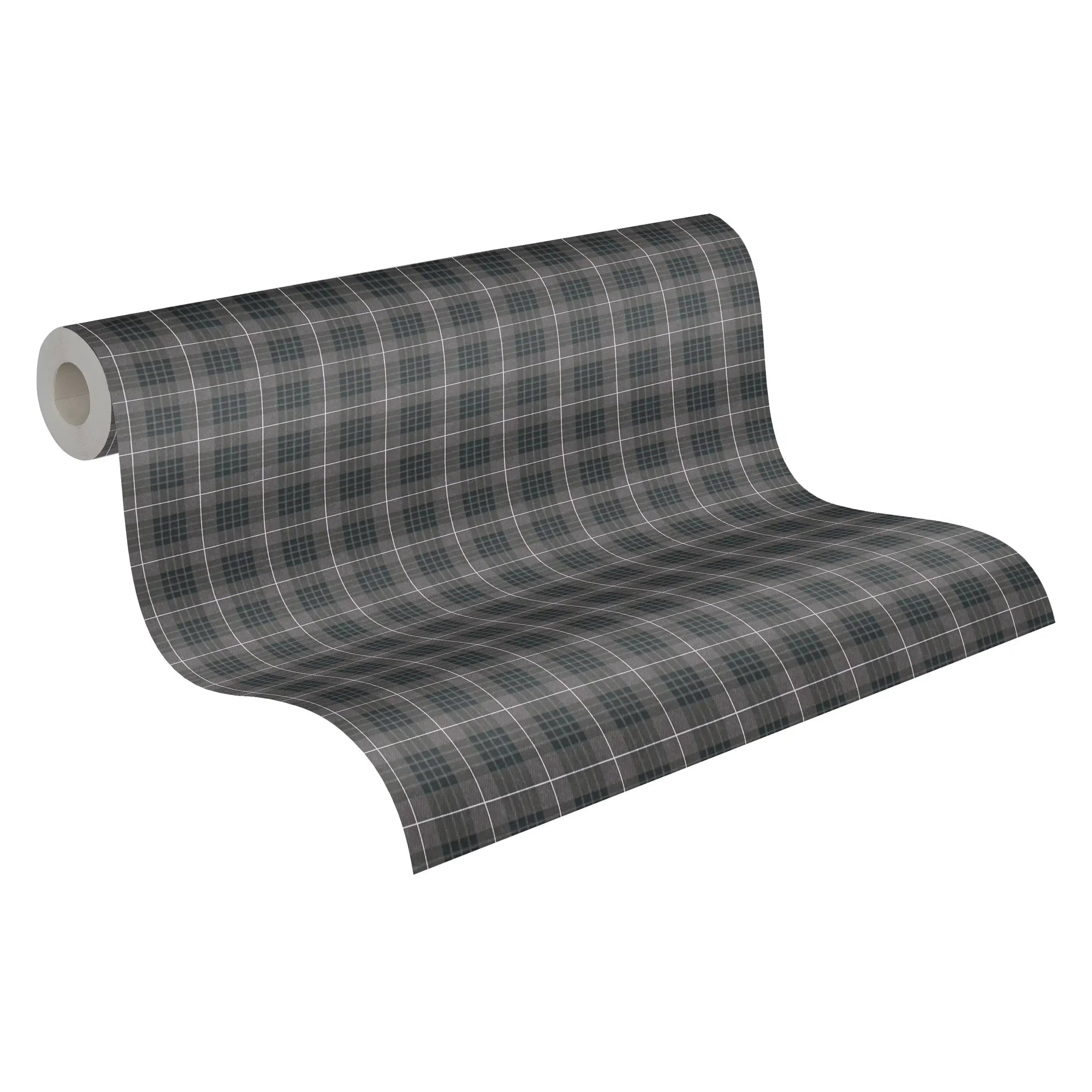 En tapetrulle af Plaid Reverie - Charcoal Dream, der viser det klassiske ternede mønster klar til opsætning.