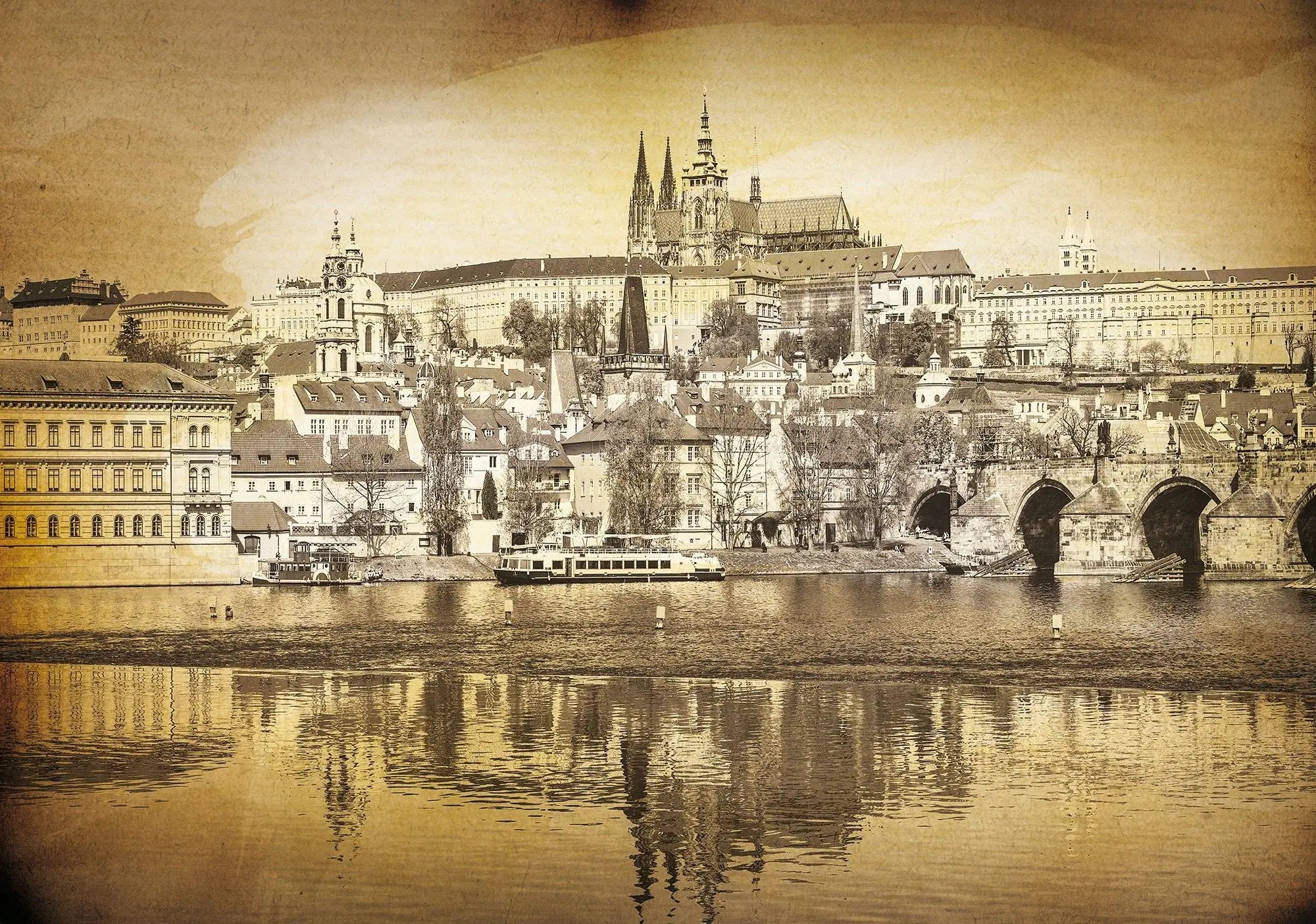 Billede 1 af Fototapet - Prag Slot og Karlsbroen Refleksion i Sepia