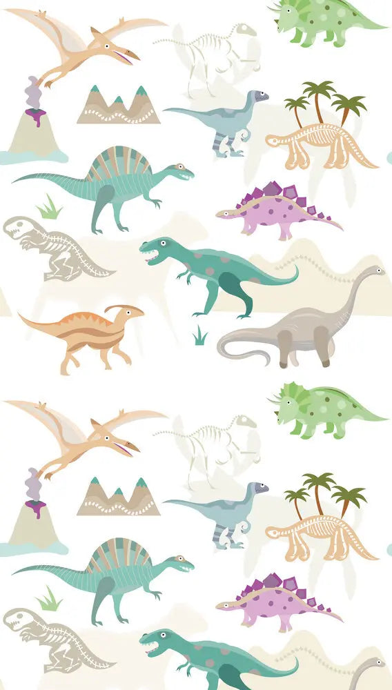 Prehistoric Play tapet med farverige dinosaurer som T-Rex, triceratops og flyvedinosaurer i et legende design.