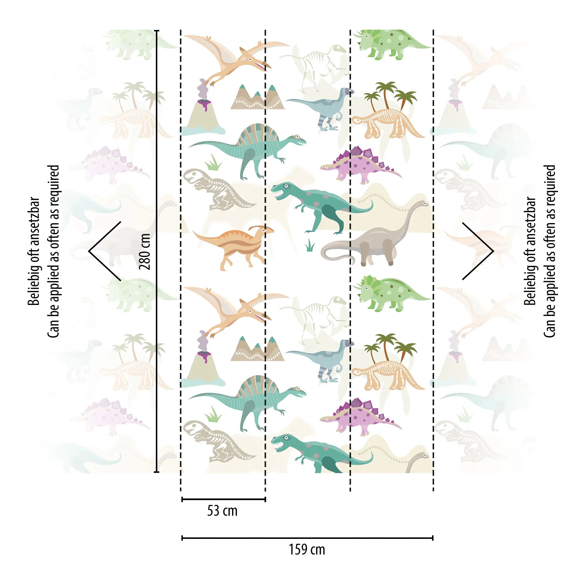 Prehistoric Play tapet med instruktioner for opsætning. Mål angivet som 280 cm i højden og 159 cm i bredden med sektioner på 53 cm.