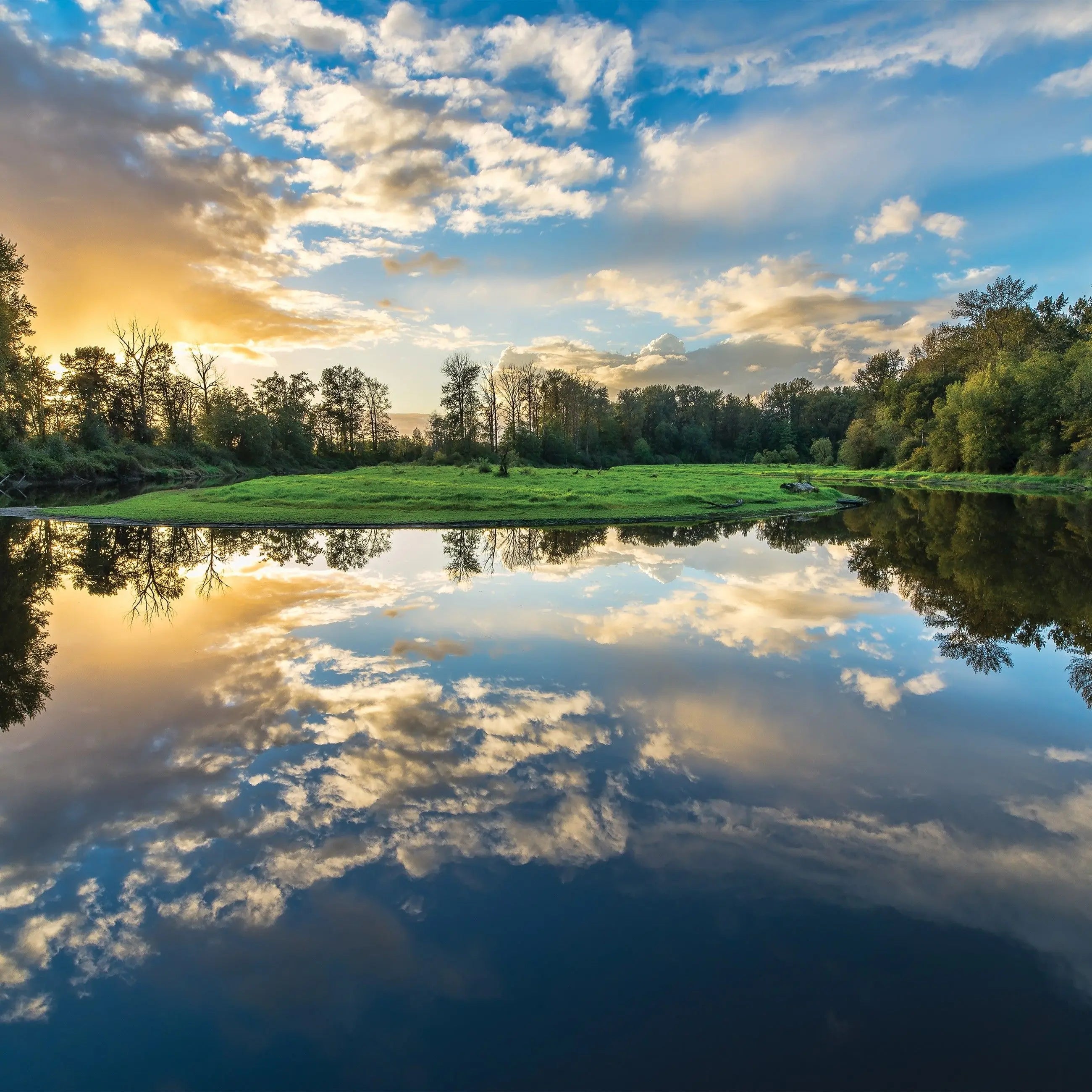 Billede 13 af Fototapet - Refleksion af blå himmel og skyer over sø med træer