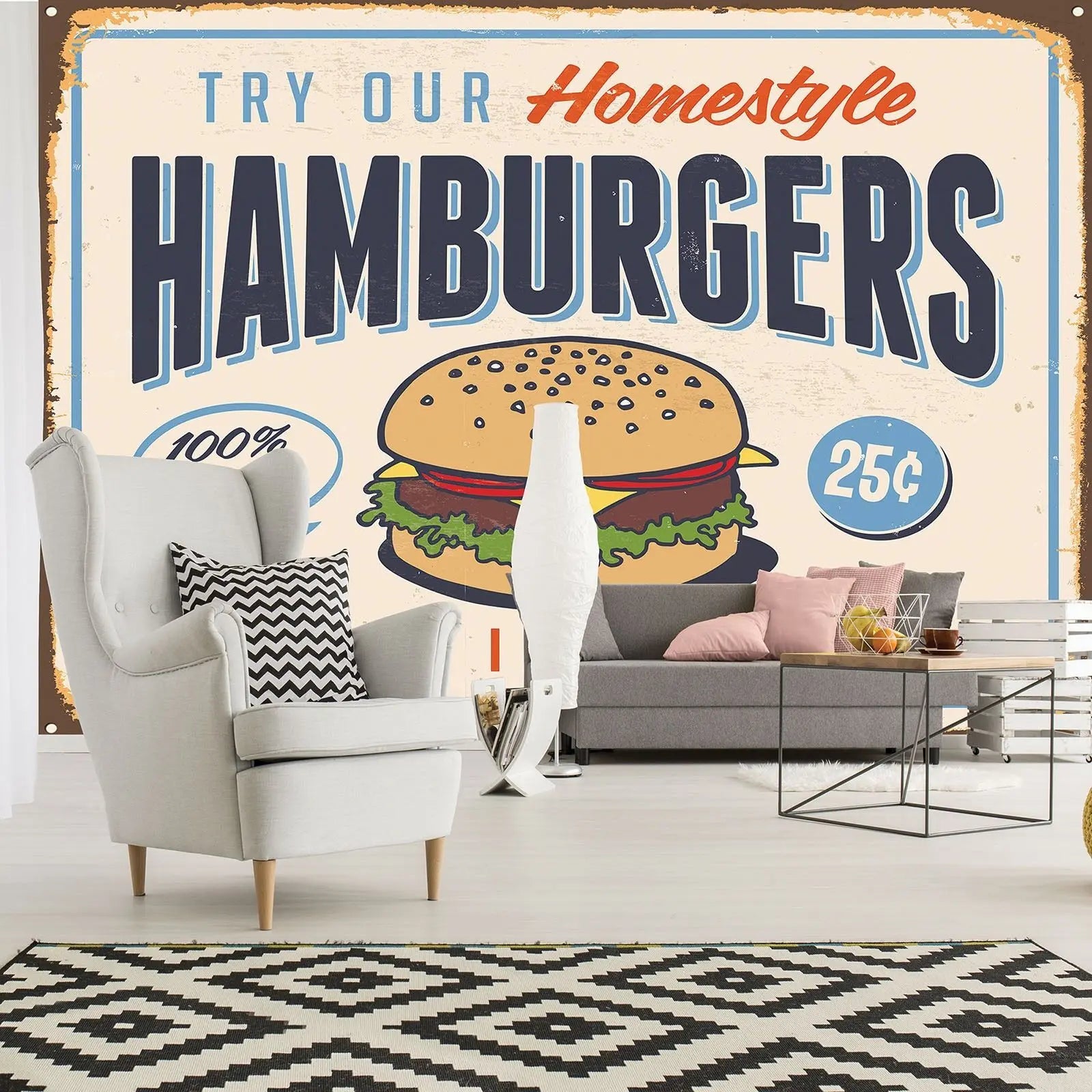 Billede 3 af Fototapet - Reklameplakat med hamburger og tekst om 25 cent