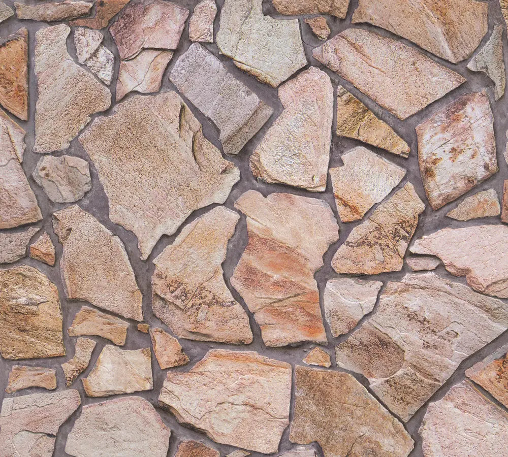 Nærbillede af Rock Mosaic - Canyon tapet, der viser detaljerede sten i varme beige og brune toner, tilgængeligt på Nicetapet.dk.