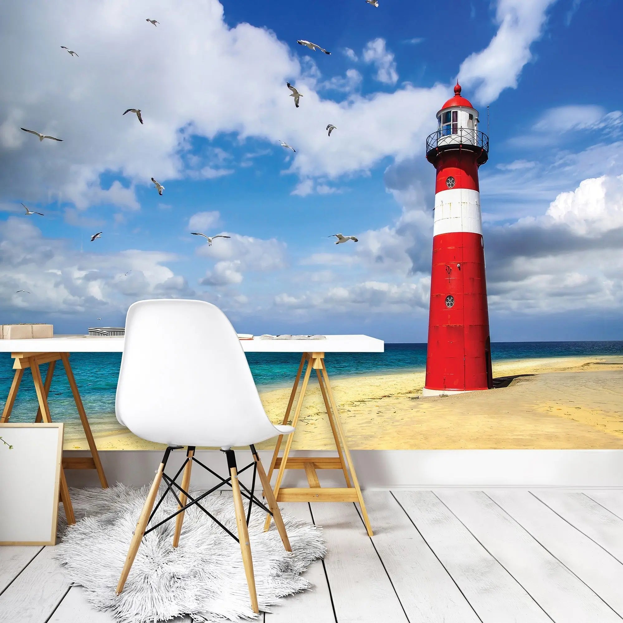 Billede 1 af Fototapet - Rød og hvidt fyrtårn ved sandstrand med blå himmel og måger