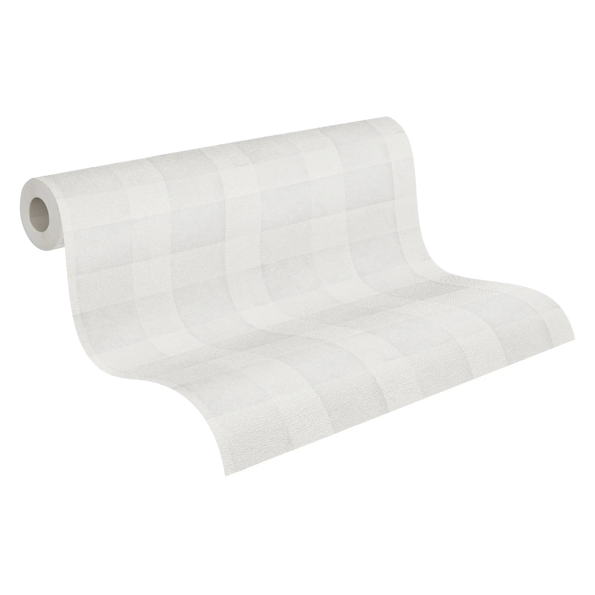 Rullet billede af Plaid Harmony - Whispering White tapet, der viser det elegante ternede design i lyse farver.