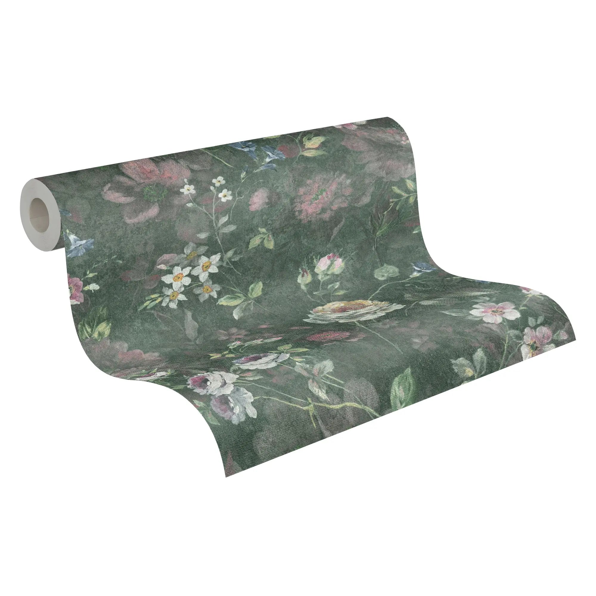 Rulle af Floral Elegance - Emerald Whisper tapet fra Nicetapet.dk med blomsterdesign i grønne nuancer.