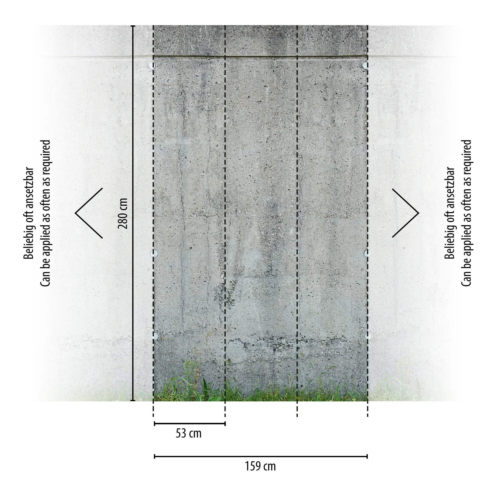 Mål og specifikationer for Rustic Facade tapet fra Nicetapet.dk, der viser anvendelse og dimensioner.