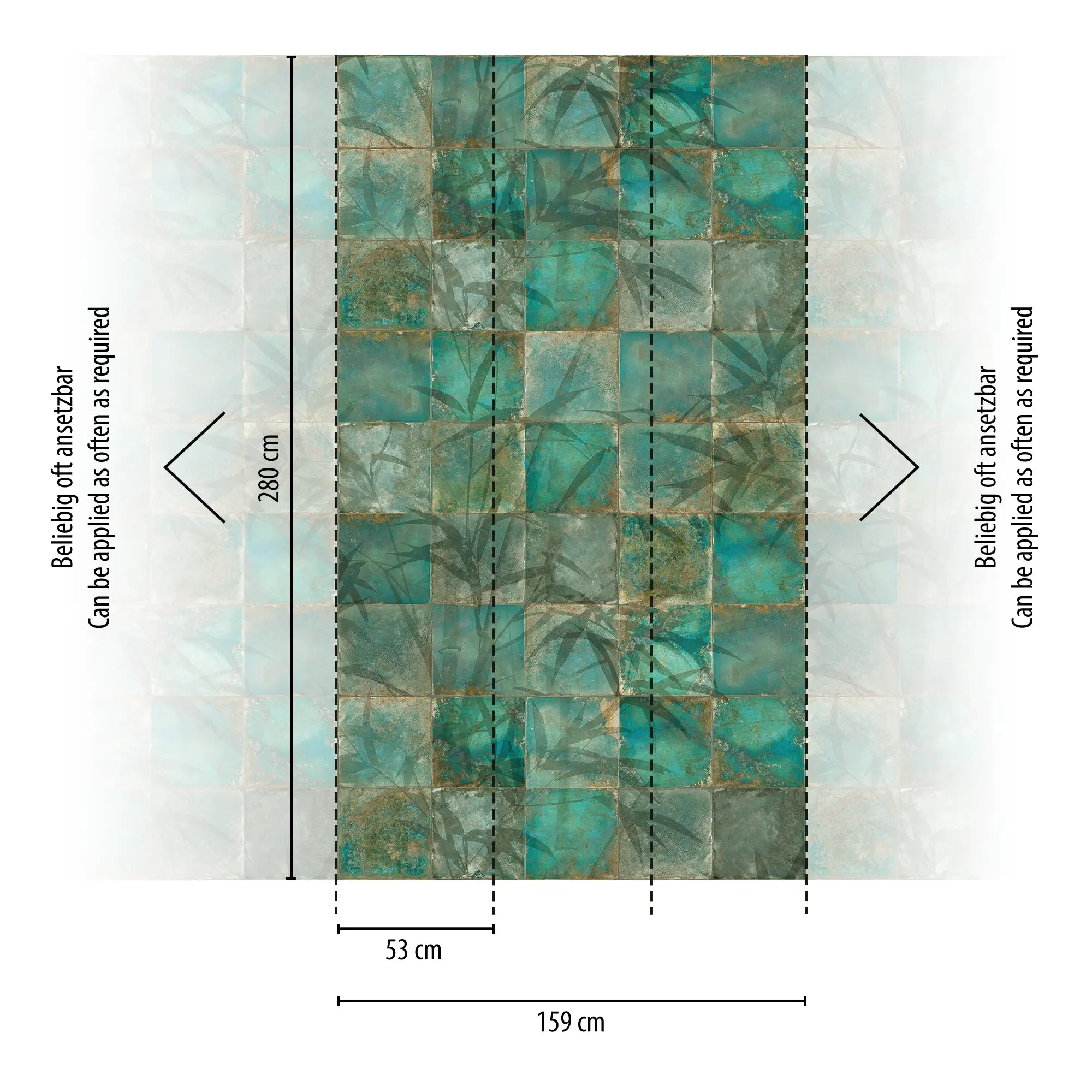 Rustic Tiles tapet produktdiagram, der viser dimensionerne 280 cm i højde og 159 cm i bredde med sektioner markeret.