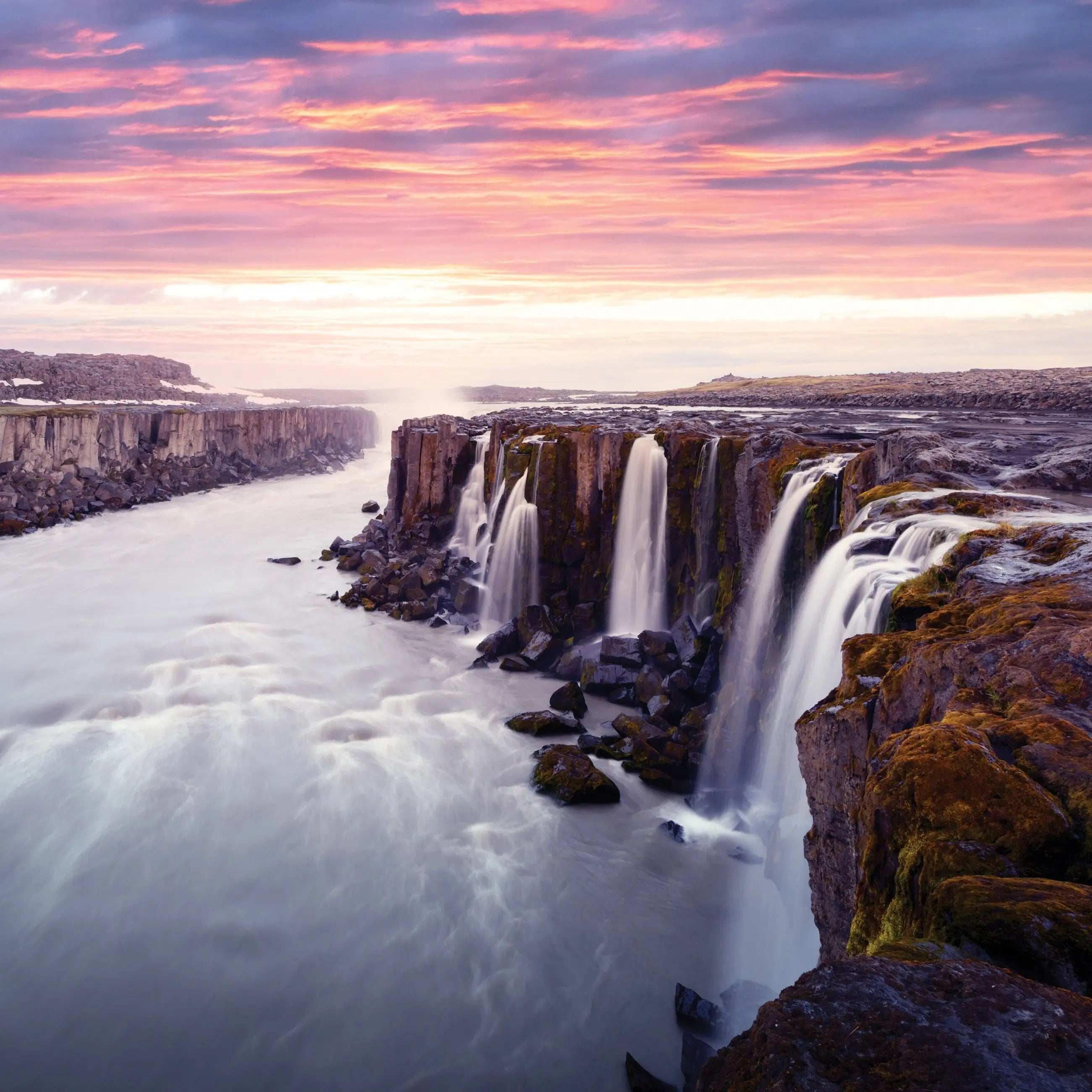 Billede 15 af Fototapet - Seljalandsfoss vandfald med lyserød solnedgang på Island