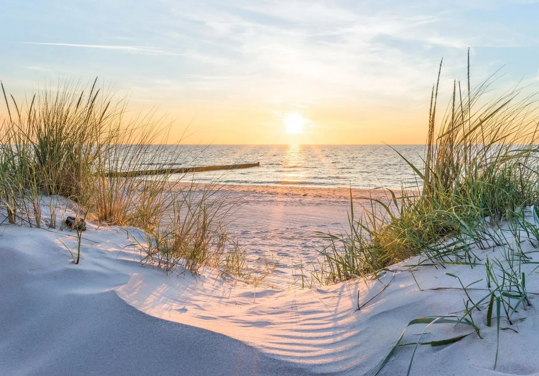 Billede 1 af Fototapet - Solnedgang ved stranden med klitter og græs